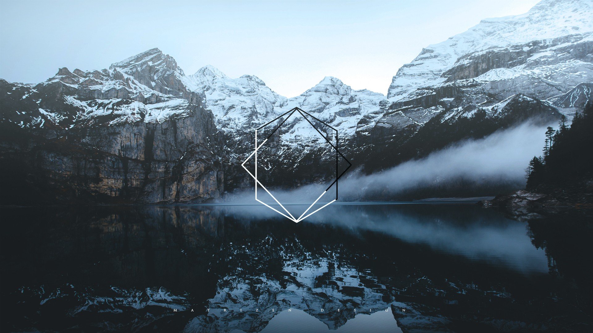 Snowy mountains reflected in a dark lake with geometric overlay HD Wallpaper