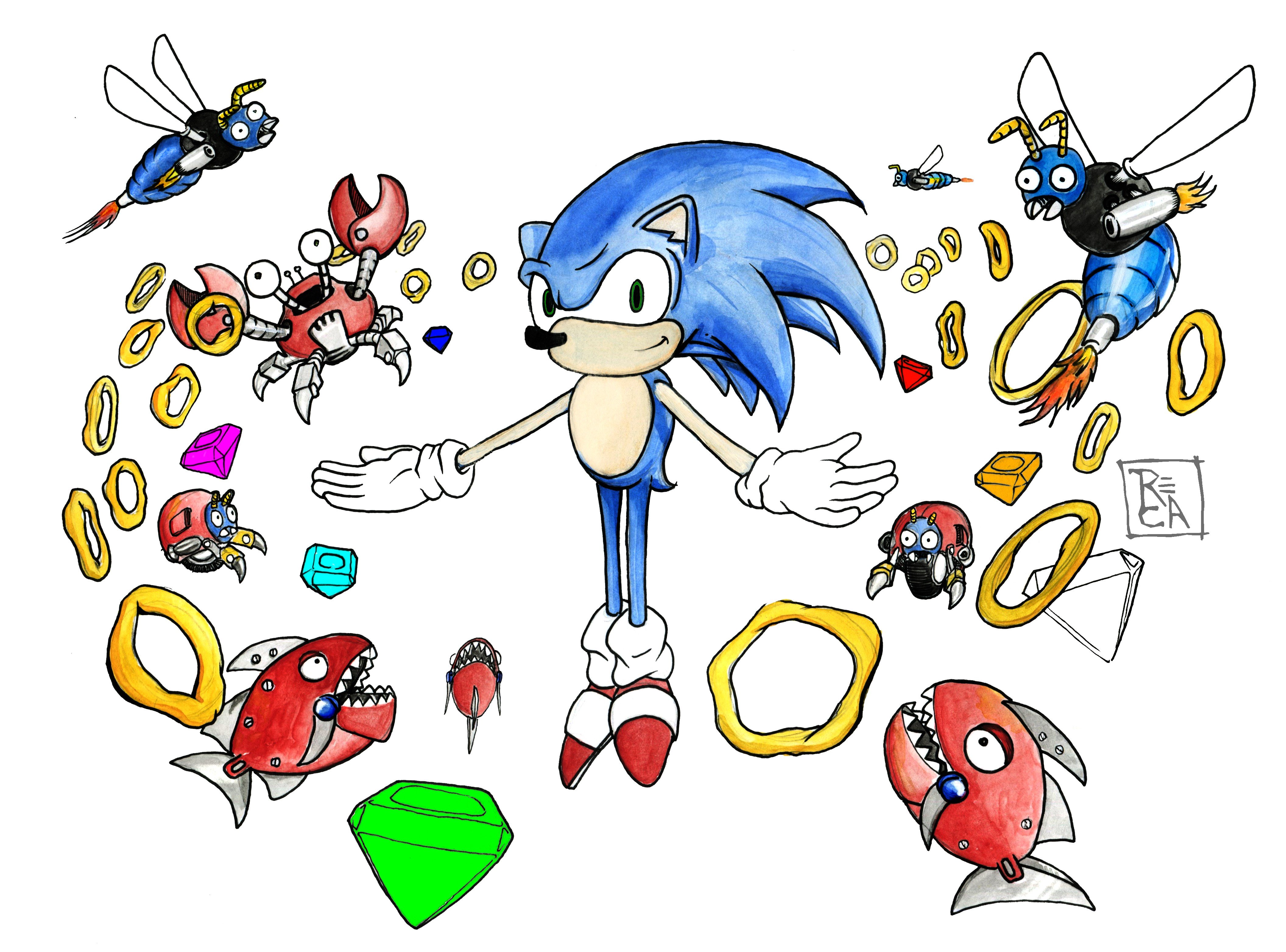 Sonic the Hedgehog with Badniks and Chaos Emeralds HD Wallpaper