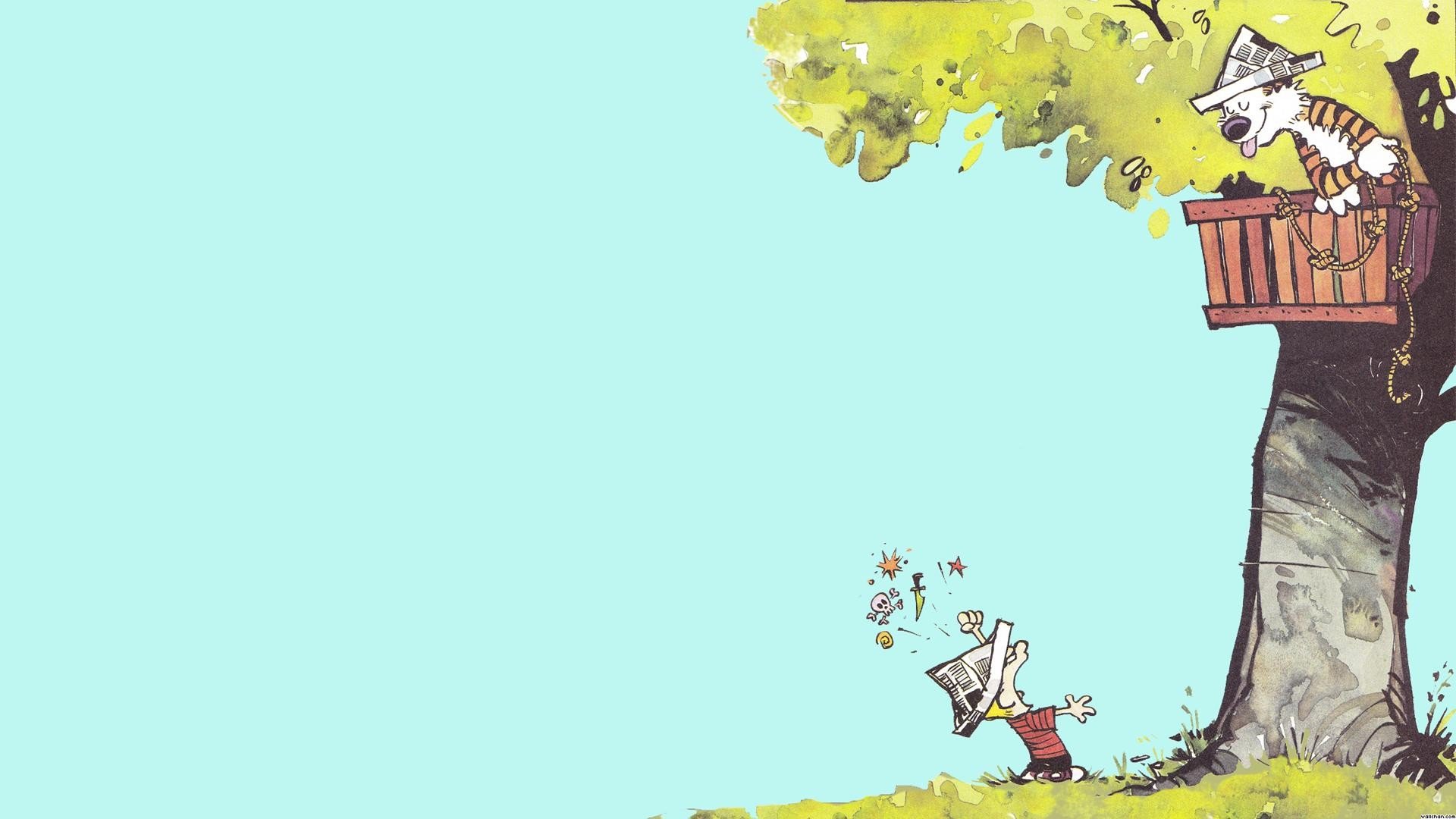 Calvin and Hobbes in a treehouse HD Wallpaper