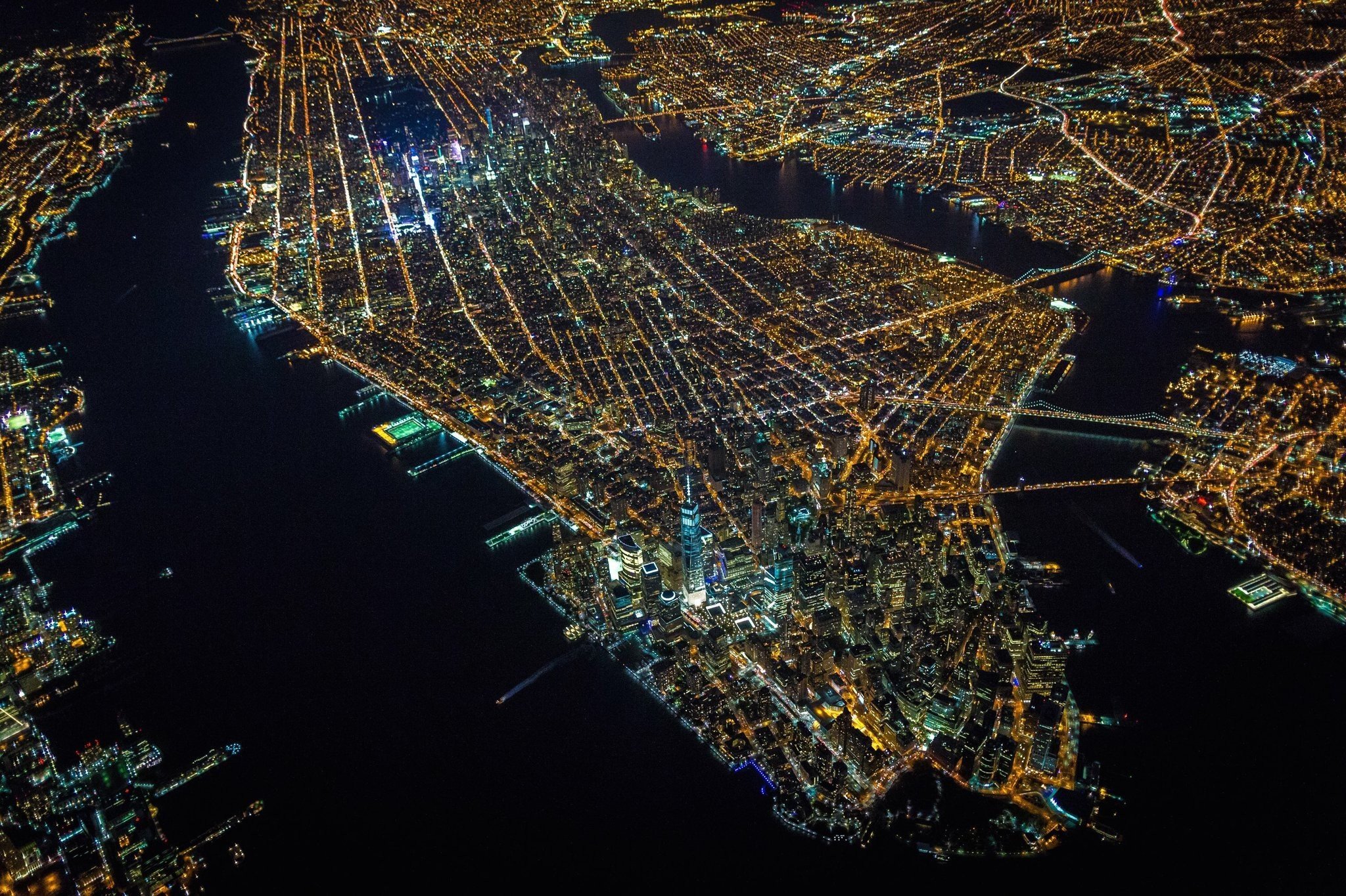 Aerial view of New York City at night HD Wallpaper