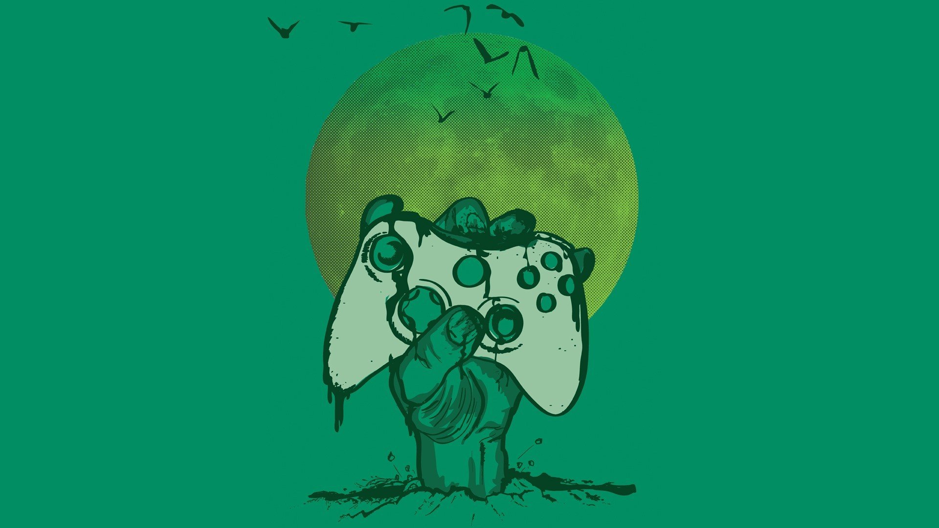 Zombie hand holding Xbox controller under green moon HD Wallpaper