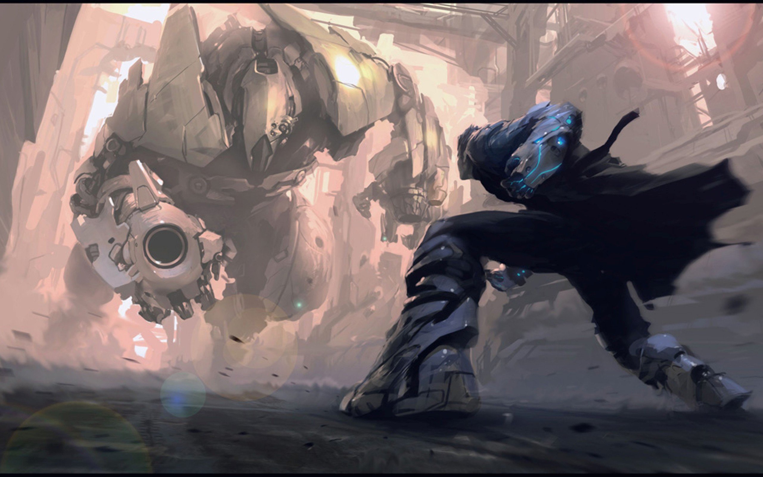 Cyberpunk illustration of a man fighting a robot HD Wallpaper