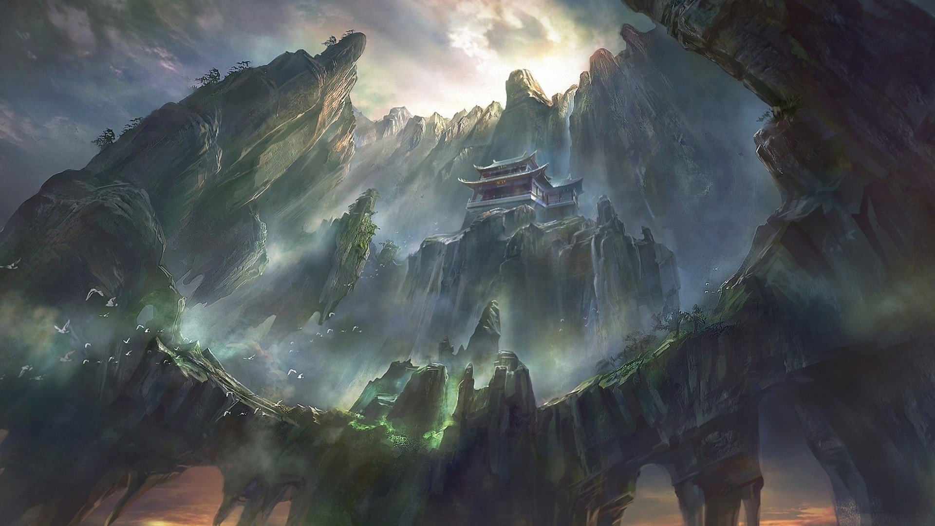 Fantasy castle on a mountain peak with birds HD Wallpaper