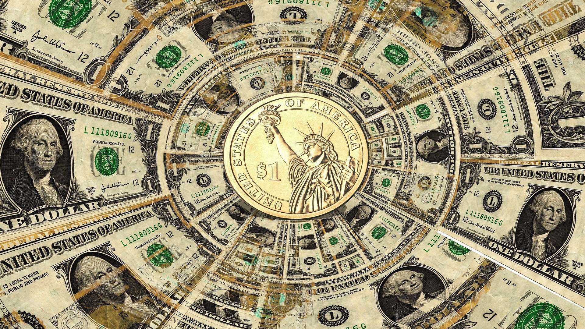 One Dollar Bills and Coin in Circular Pattern HD Wallpaper