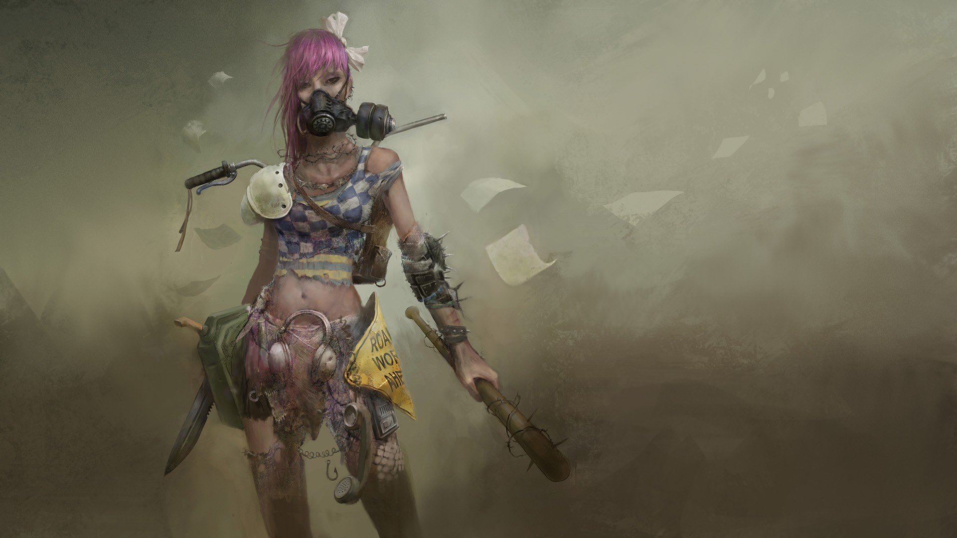 Post-apocalyptic woman with gas mask and weapons HD Wallpaper