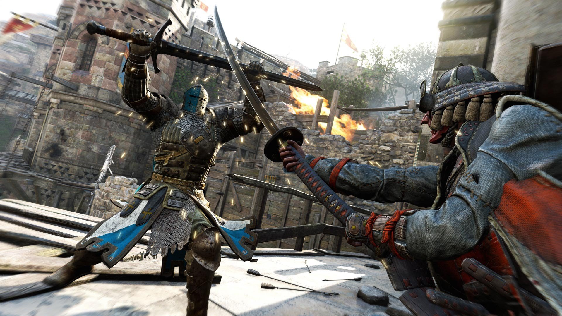 Knight fighting a samurai in For Honor HD Wallpaper