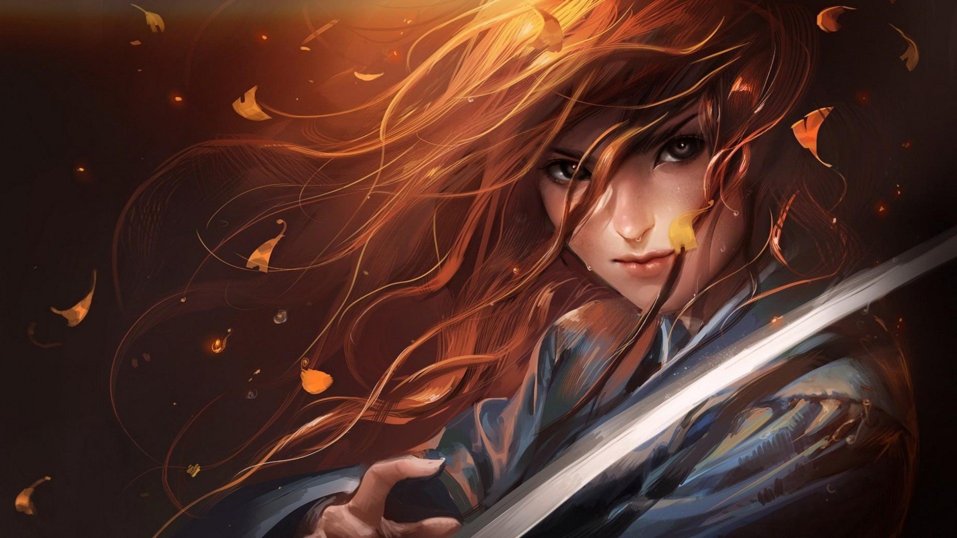 Woman with red hair holding a sword HD Wallpaper