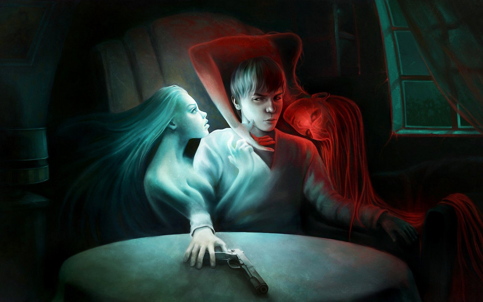 Fantasy art of a man with two spectral figures HD Wallpaper