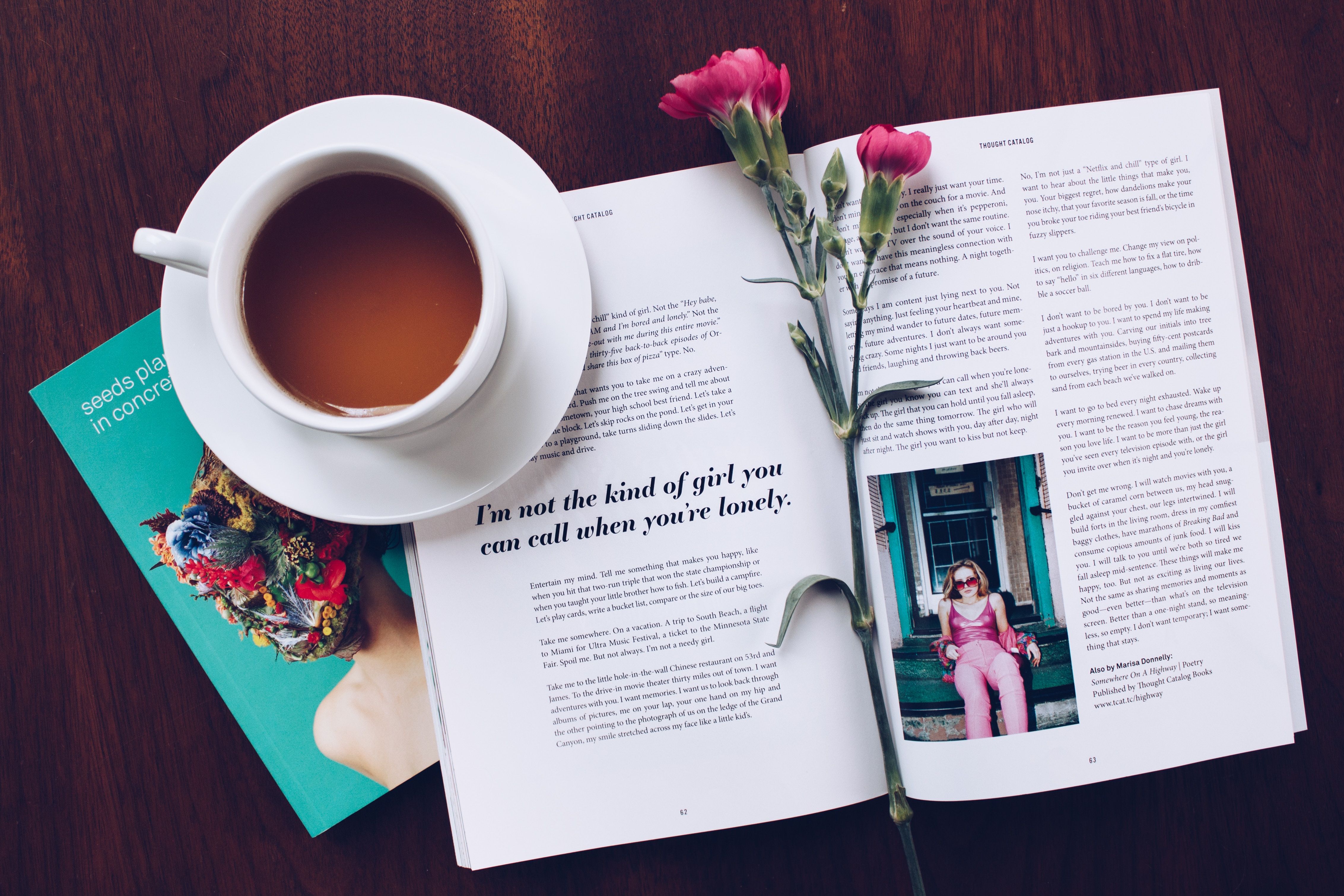Coffee and magazine with flowers on a wooden table HD Wallpaper