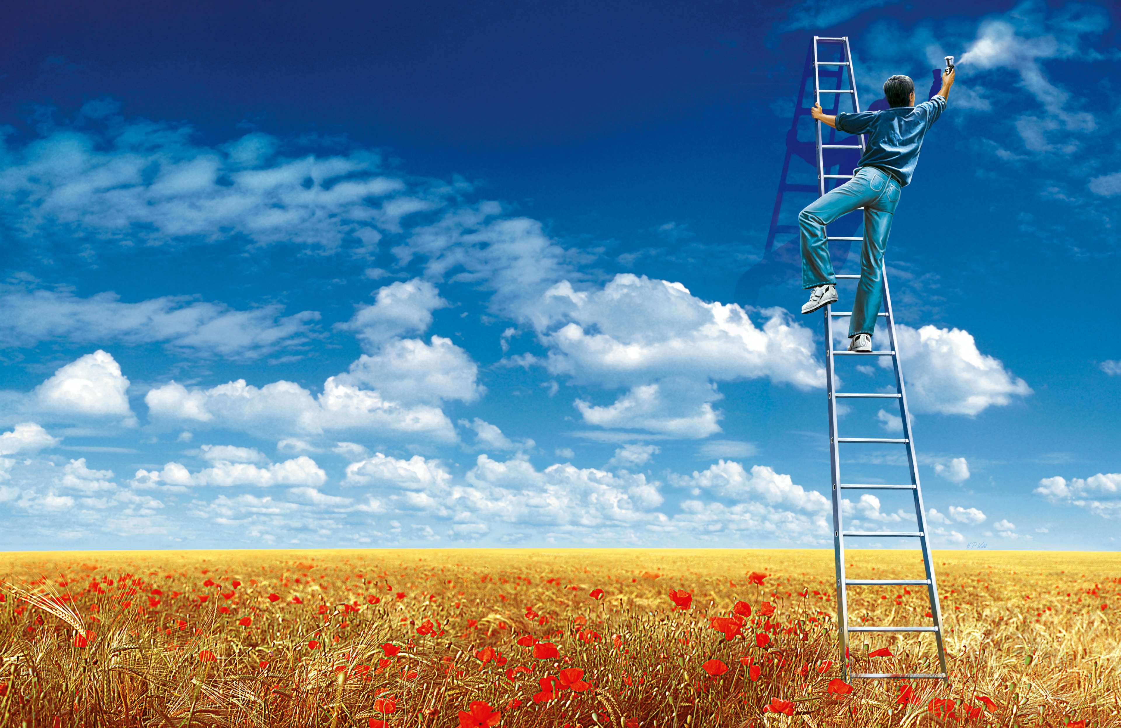 Man on ladder painting sky creativity 4K HD Wallpaper