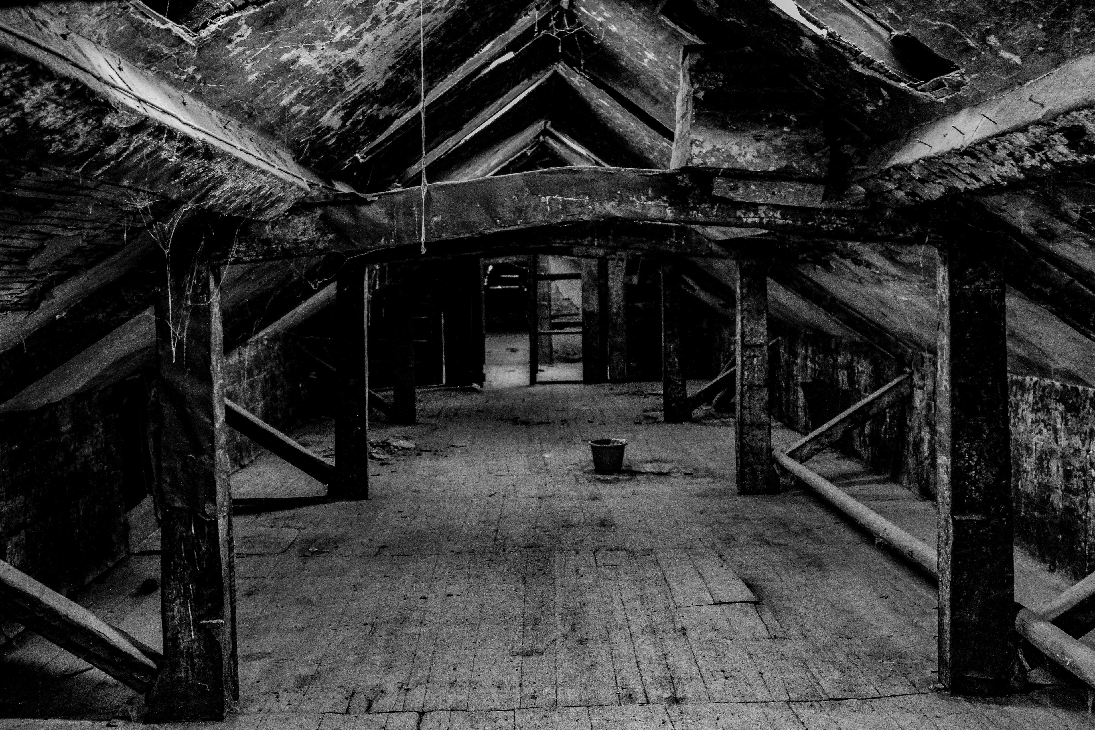 Interior of an abandoned attic with wooden beams and cobwebs HD Wallpaper