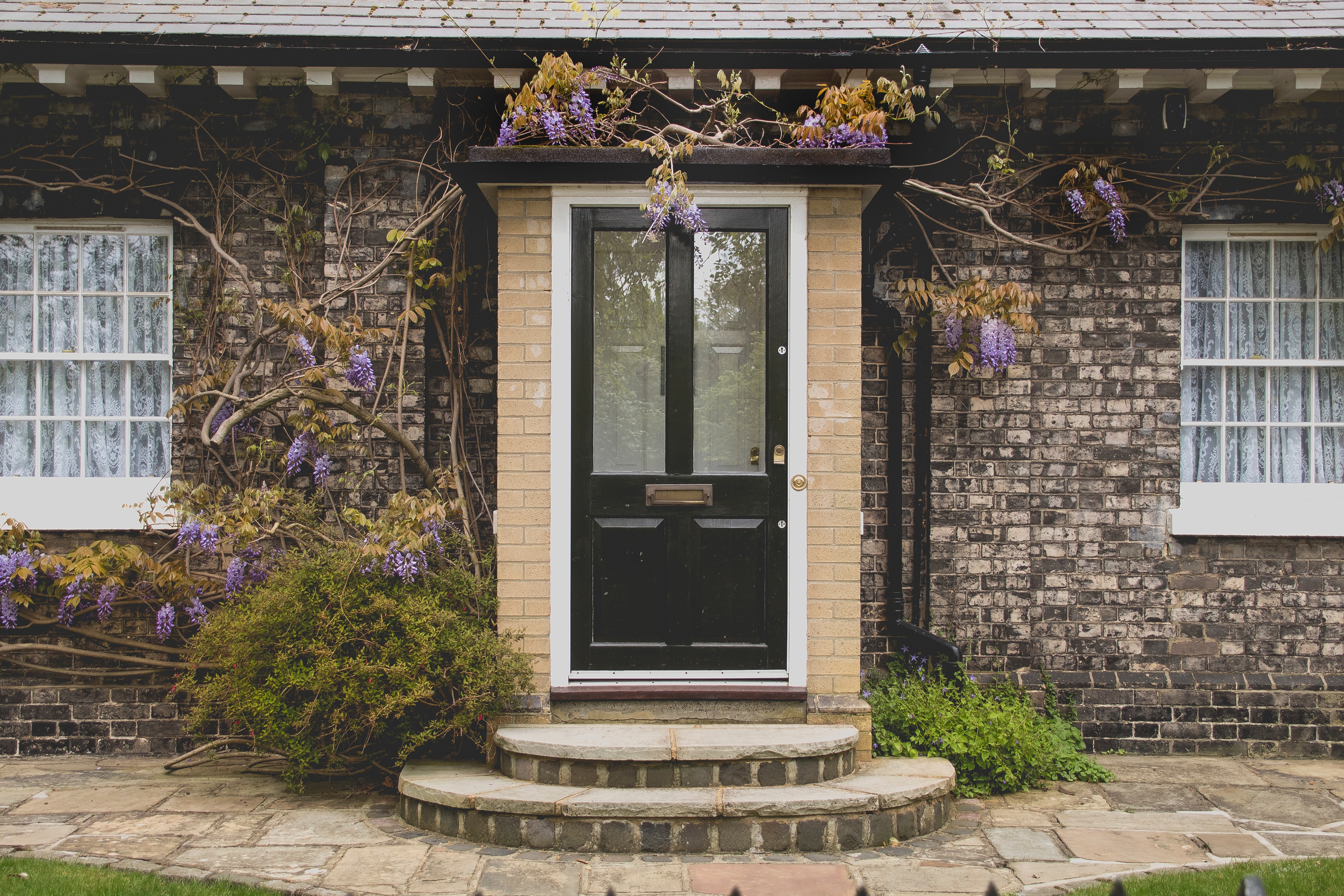 Brick house with wisteria and a black front door HD Wallpaper