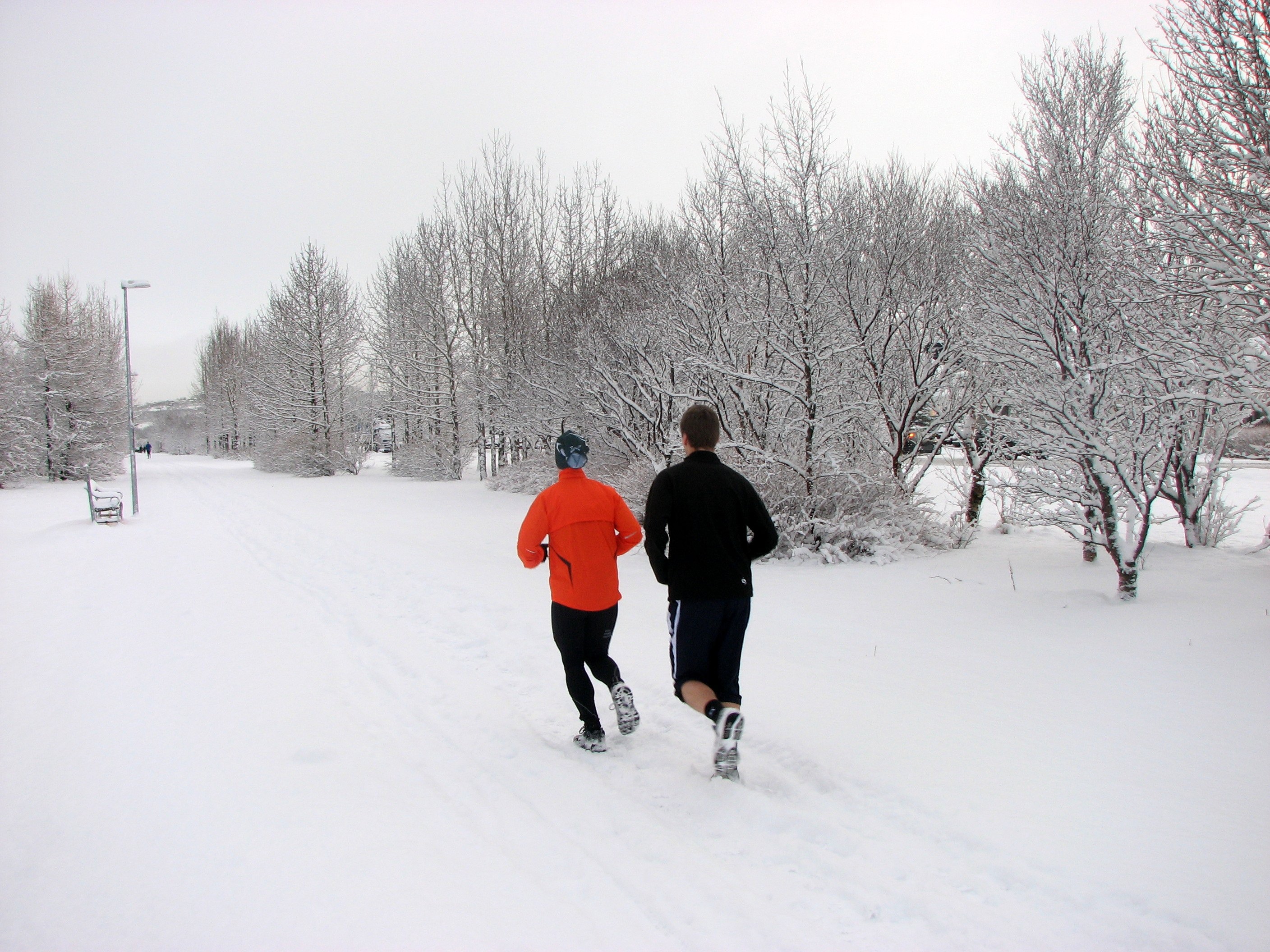 Two people running in the snow HD Wallpaper