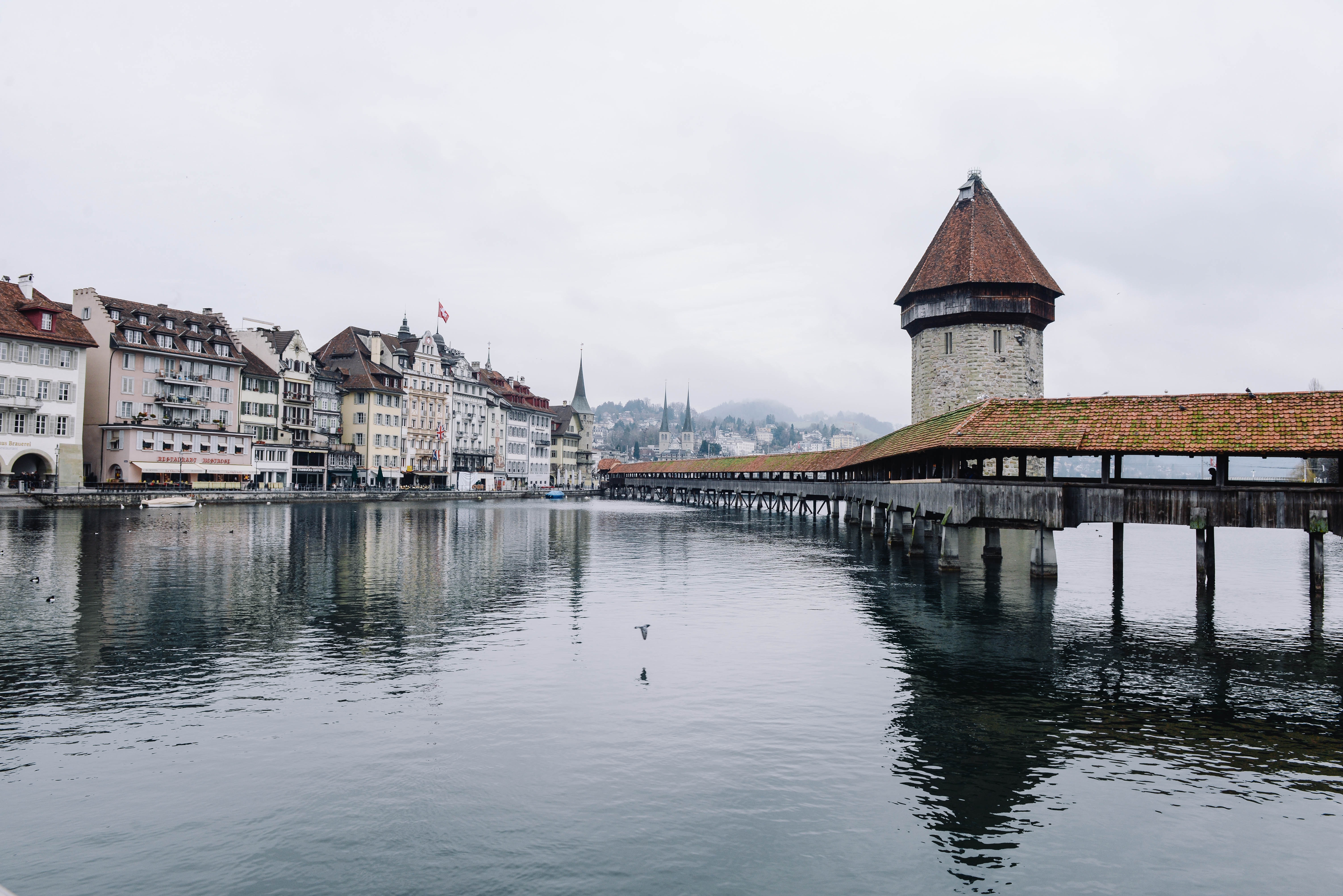 Chapel Bridge and Water Tower in Lucerne, Switzerland HD Wallpaper