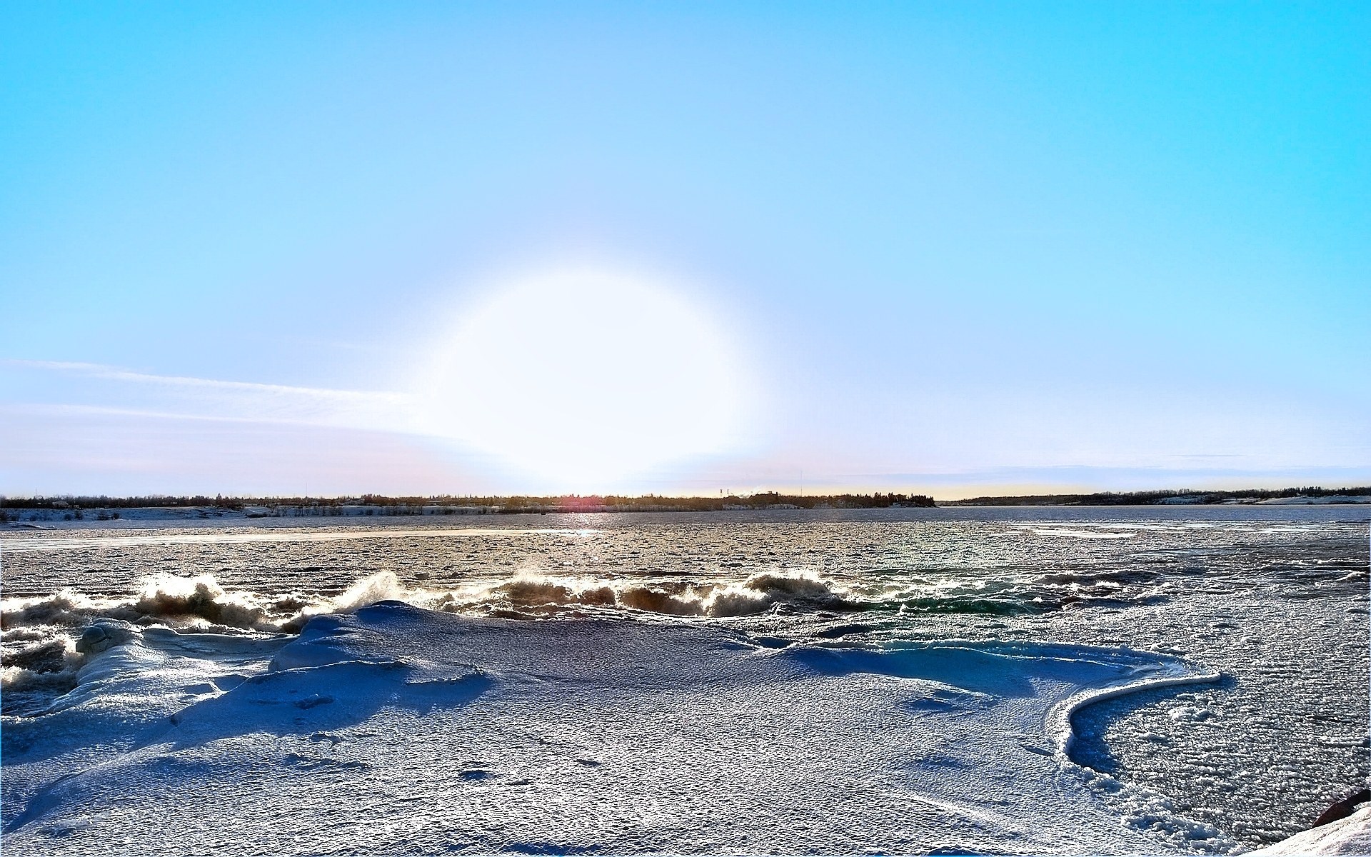 Frozen landscape with sun over water HD Wallpaper