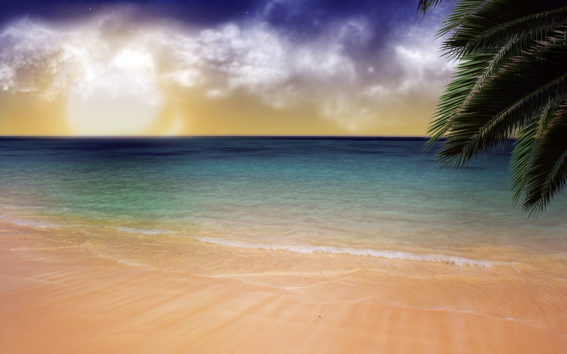 Tropical beach at sunset with palm tree HD Wallpaper