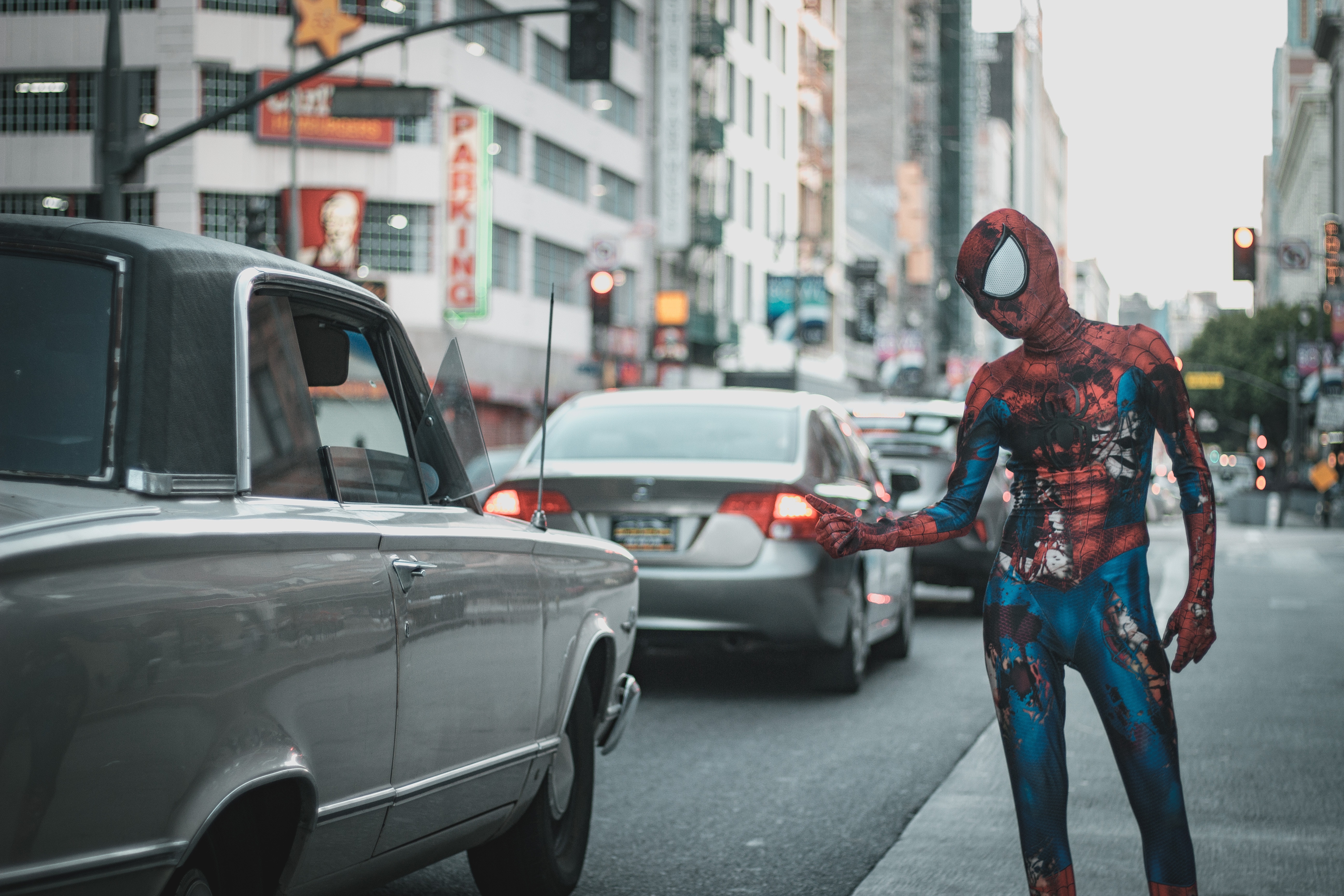 Spiderman cosplay in a city street with cars HD Wallpaper