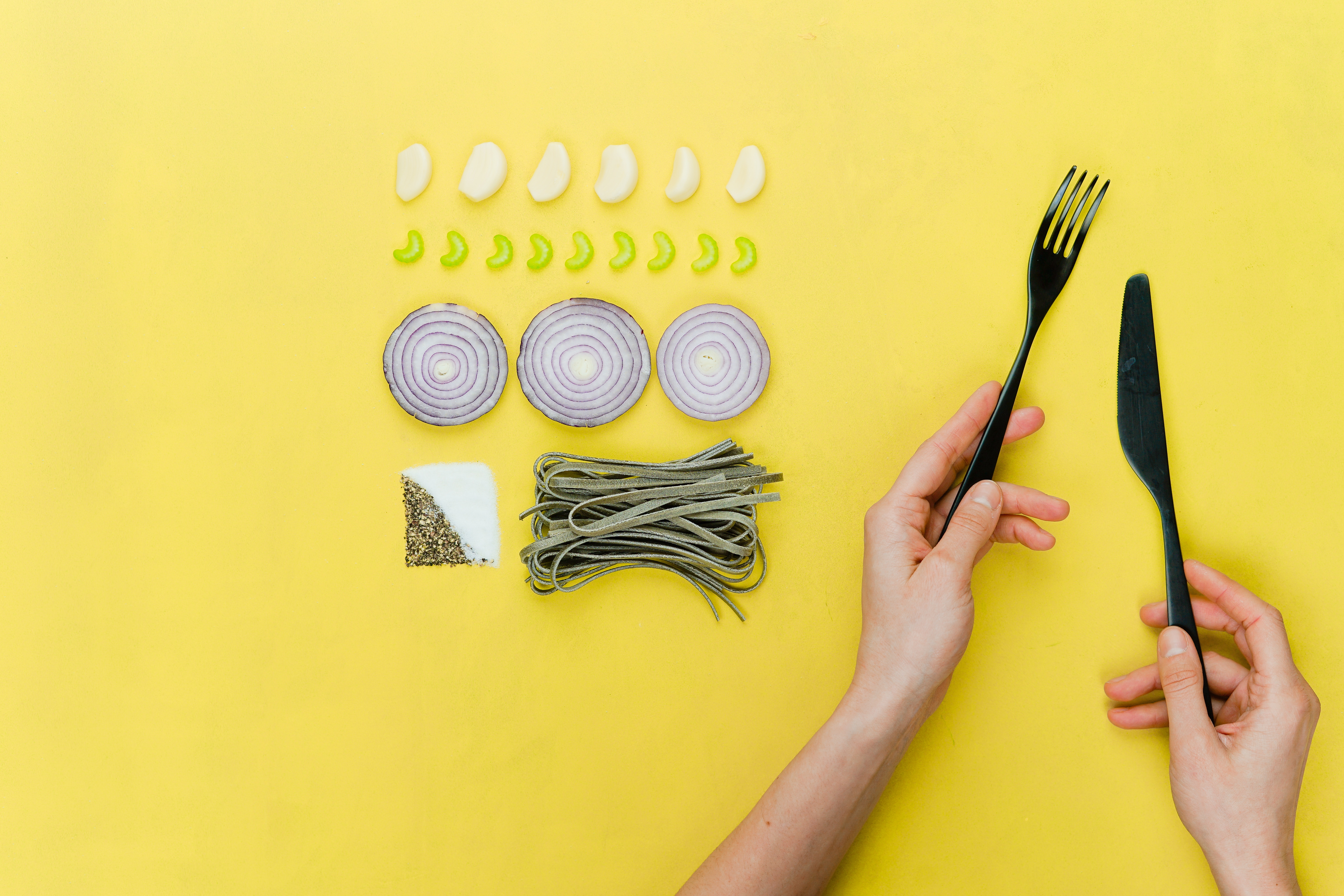 Minimalist food flat lay with ingredients and cutlery HD Wallpaper