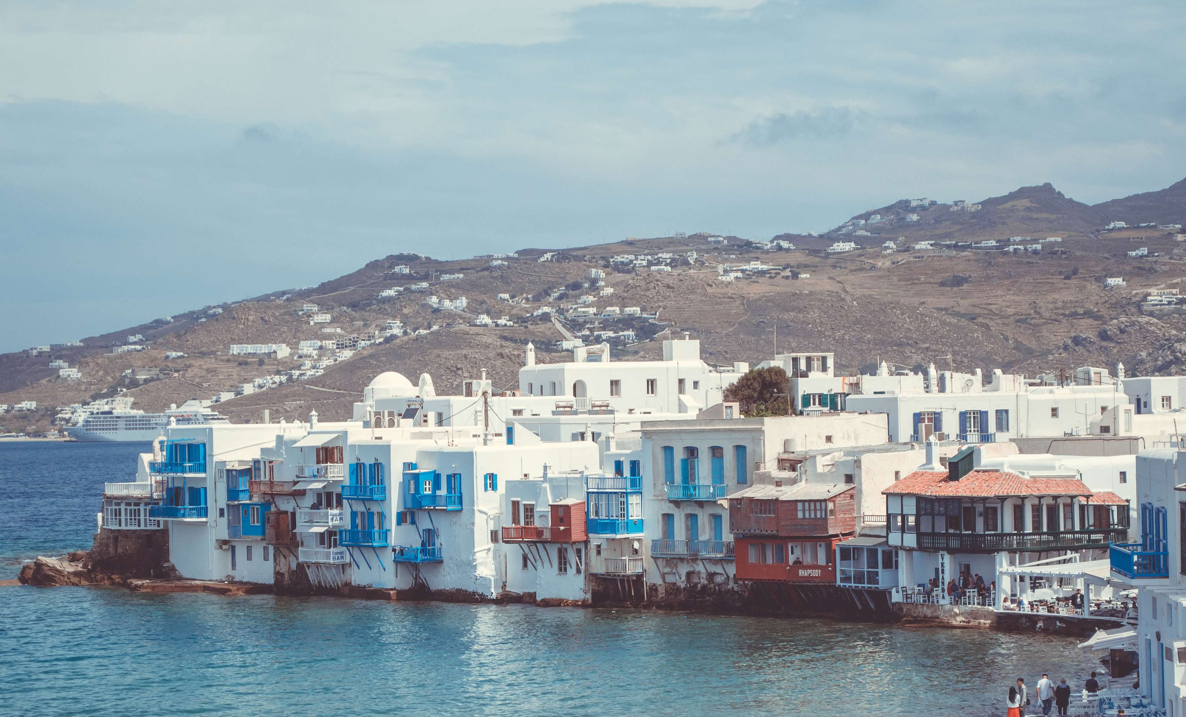 Mykonos waterfront architecture and seascape 4K HD Wallpaper