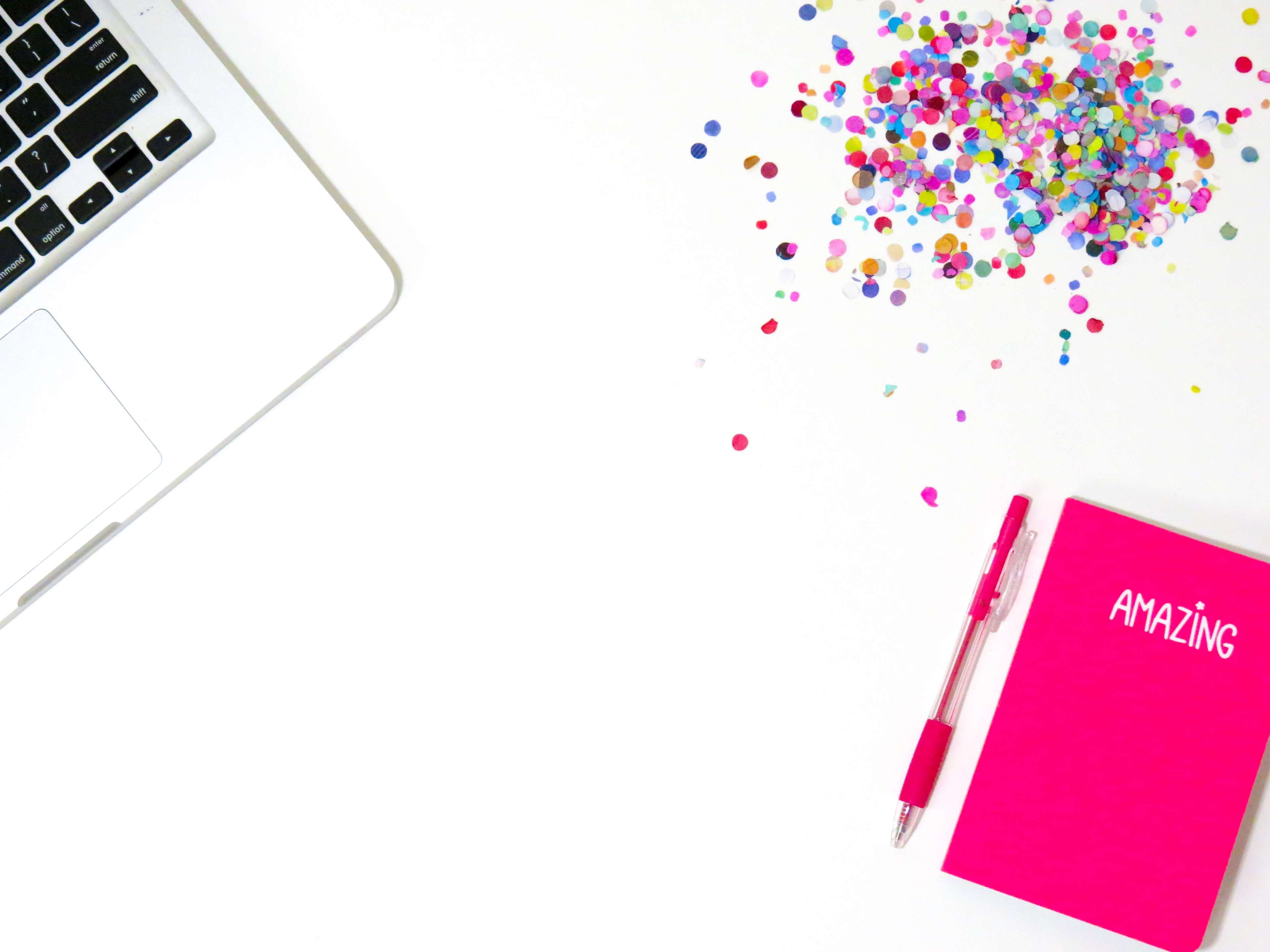 Laptop, Confetti, Notebook, and Pen Flatlay HD Wallpaper