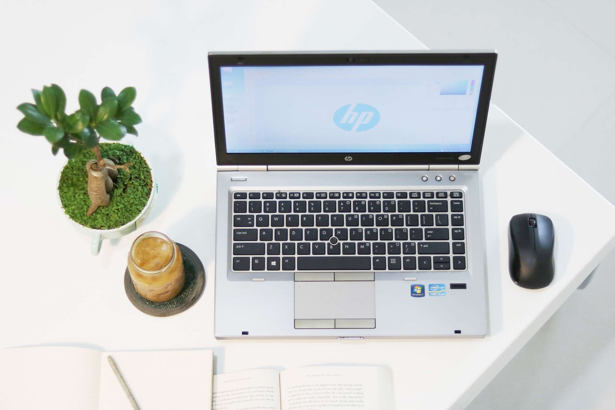 HP laptop with mouse, plant, and drink on desk HD Wallpaper