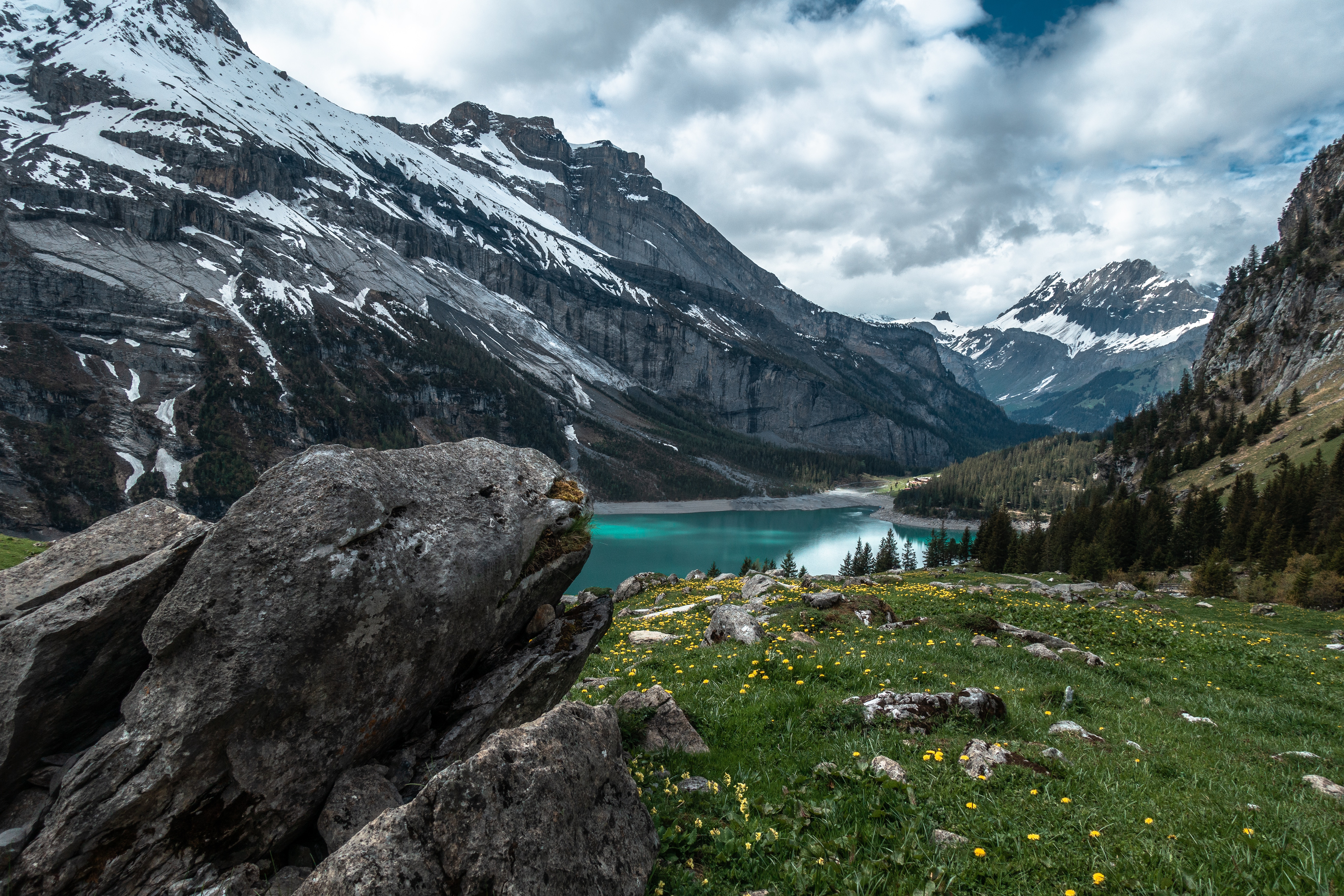 Oeschinensee Lake and Snowy Alps in Switzerland HD Wallpaper
