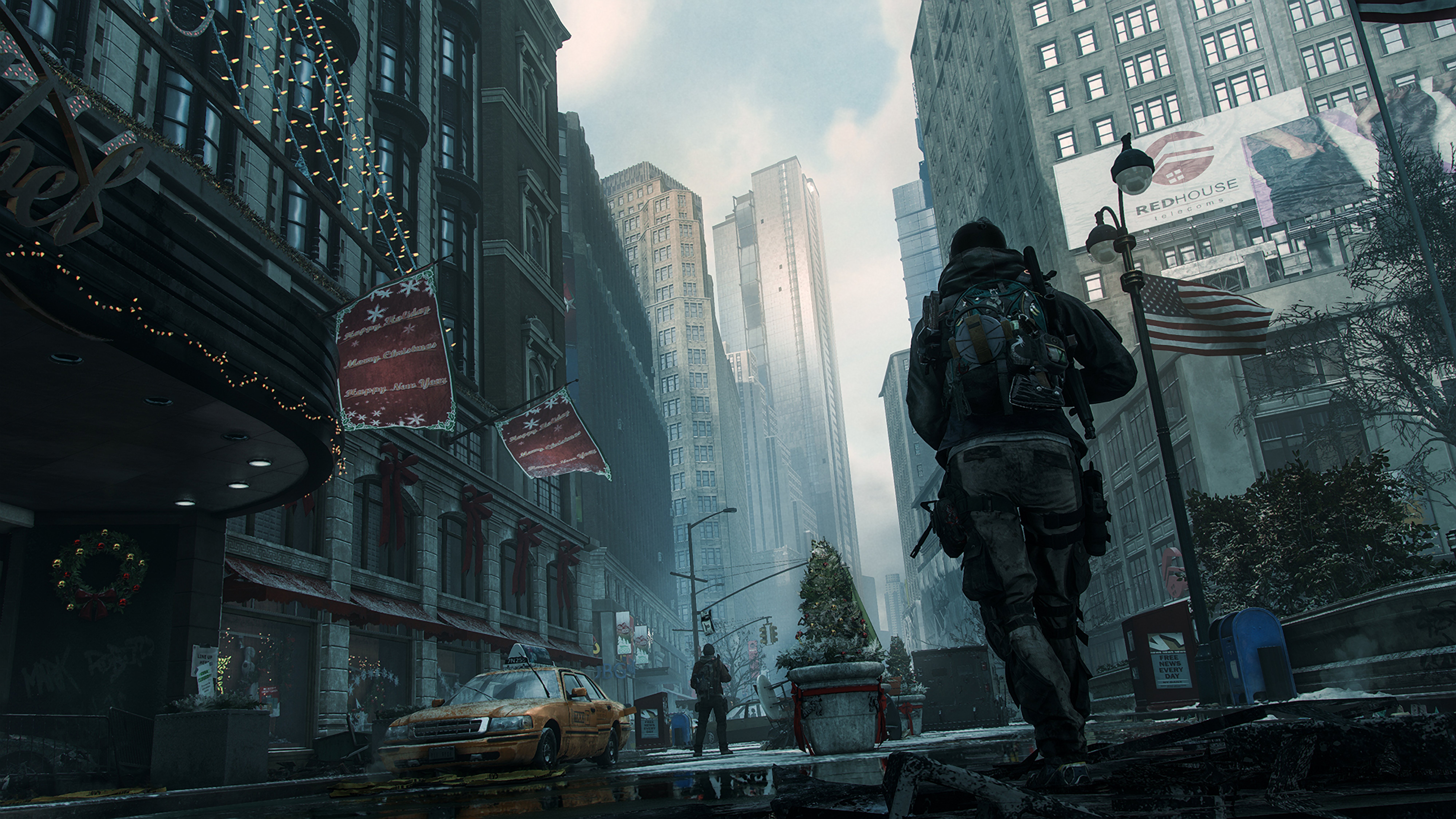 Soldier in a post-apocalyptic city during Christmas HD Wallpaper