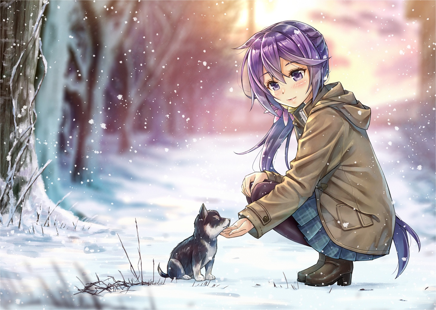 Anime girl with purple hair petting a puppy in the snow HD Wallpaper