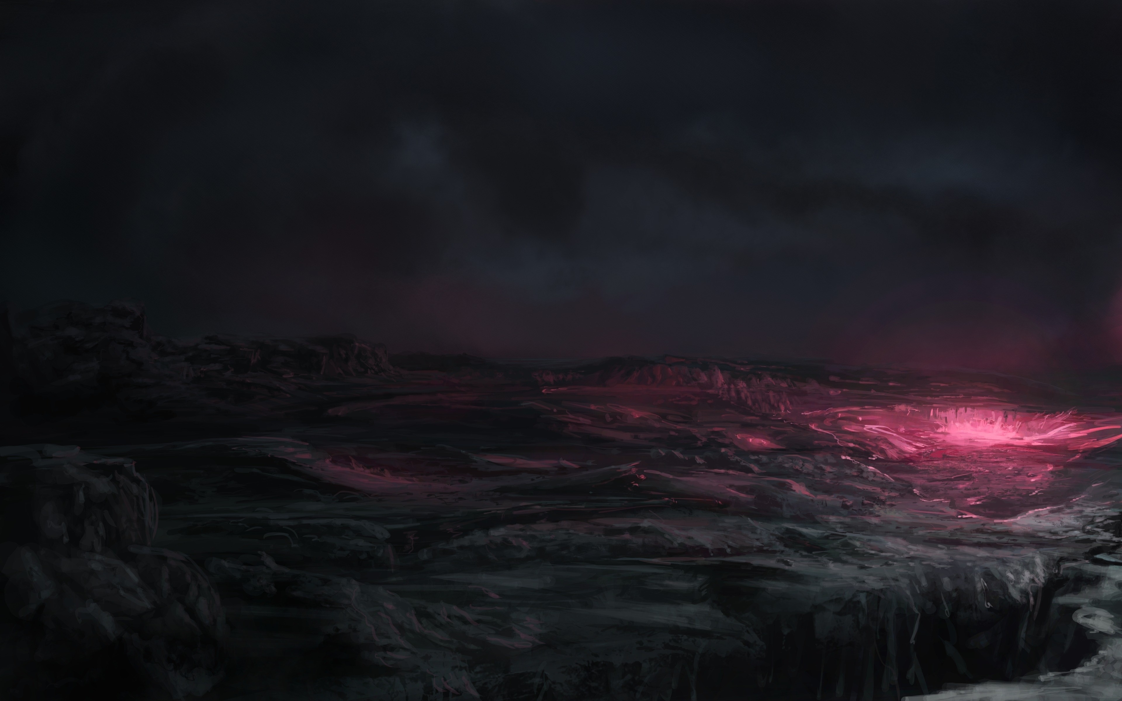 Alien planet surface with glowing pink fissures HD Wallpaper