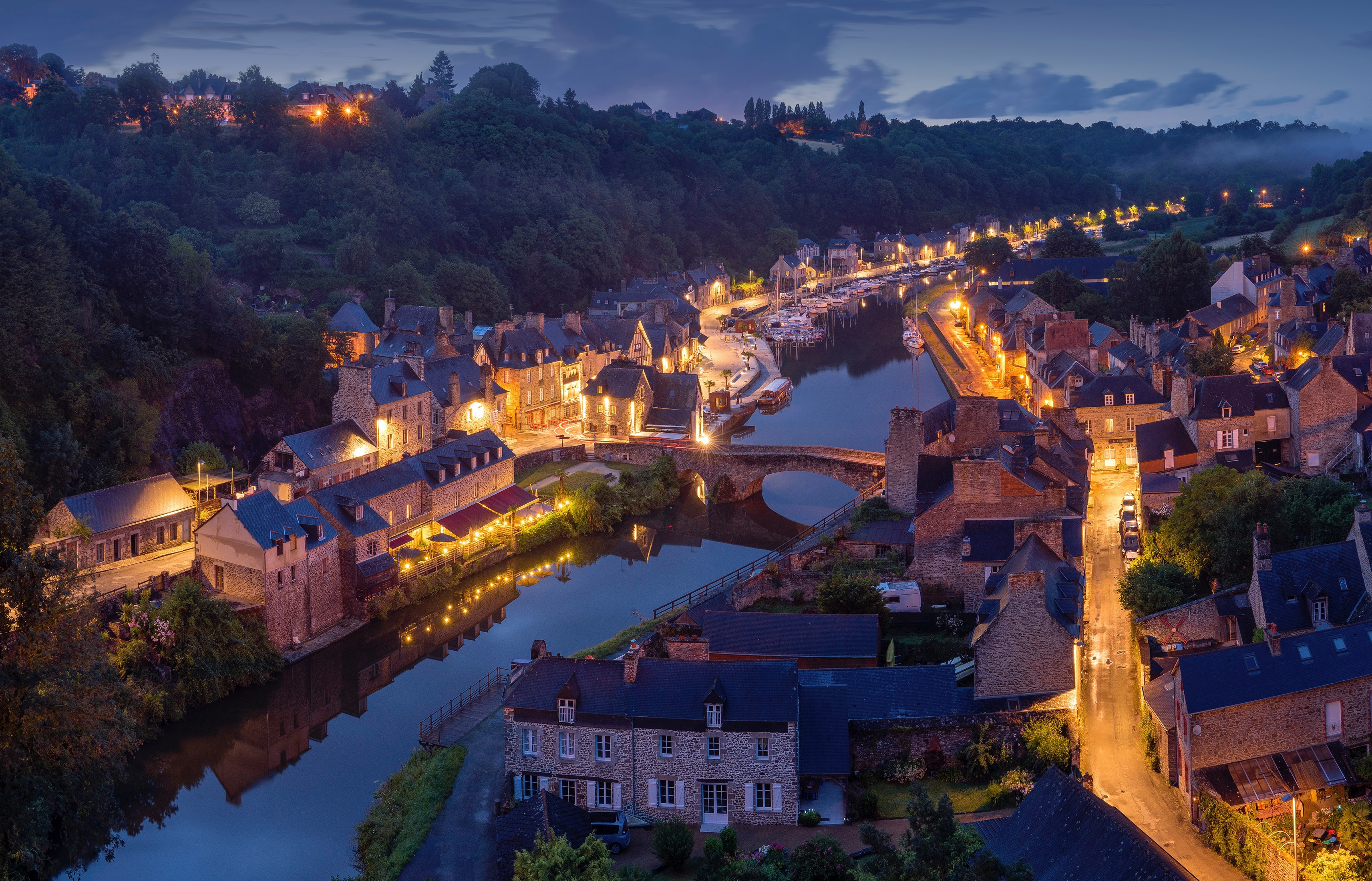 Aerial view of Dinan, France at night HD Wallpaper