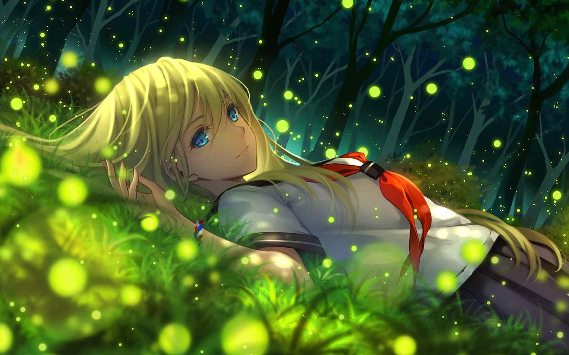 Anime girl with blonde hair lying in grass with fireflies HD Wallpaper
