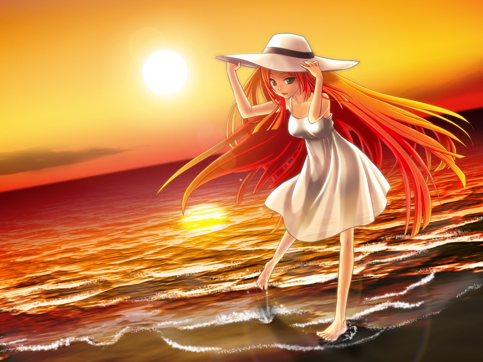 Girl in a hat walking on the beach at sunset HD Wallpaper
