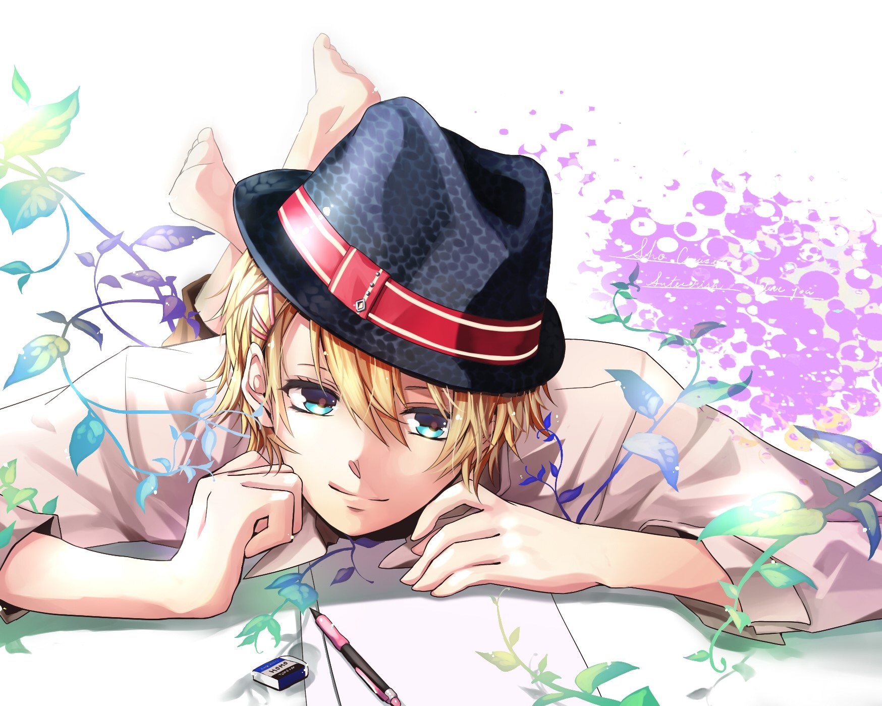 Anime boy with hat and pen HD Wallpaper