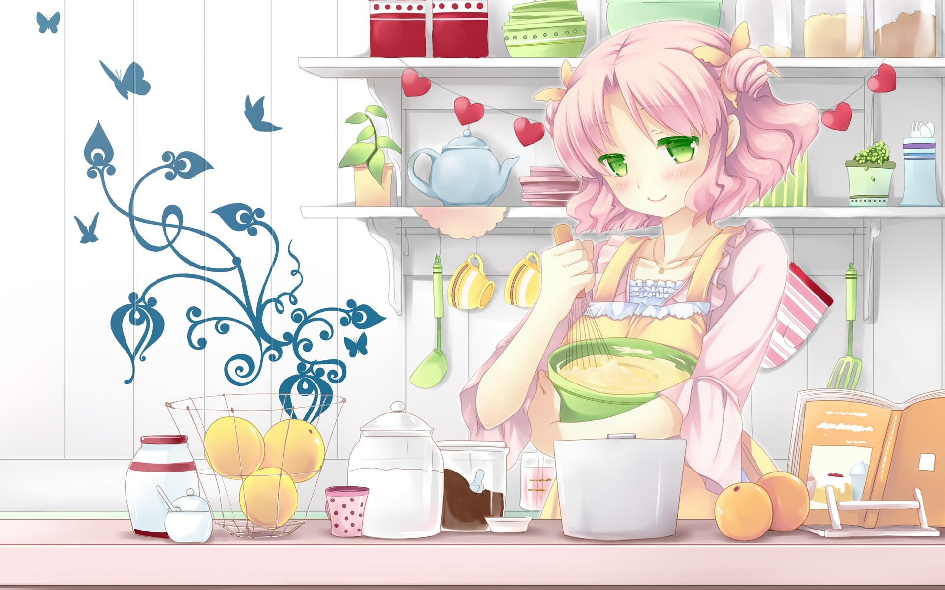 Anime girl with pink hair cooking in a kitchen HD Wallpaper