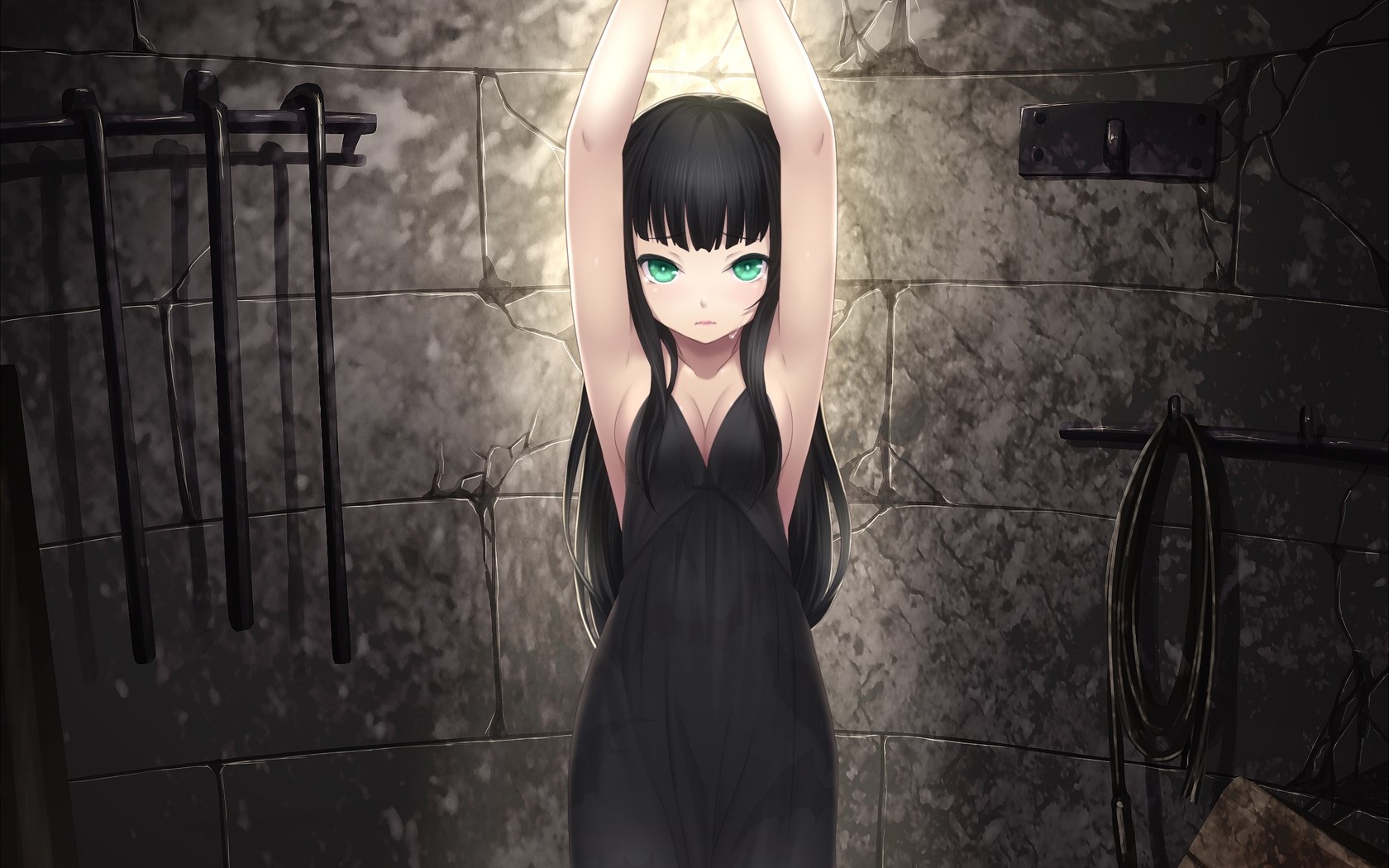 Girl captured in a stone room with tools HD Wallpaper