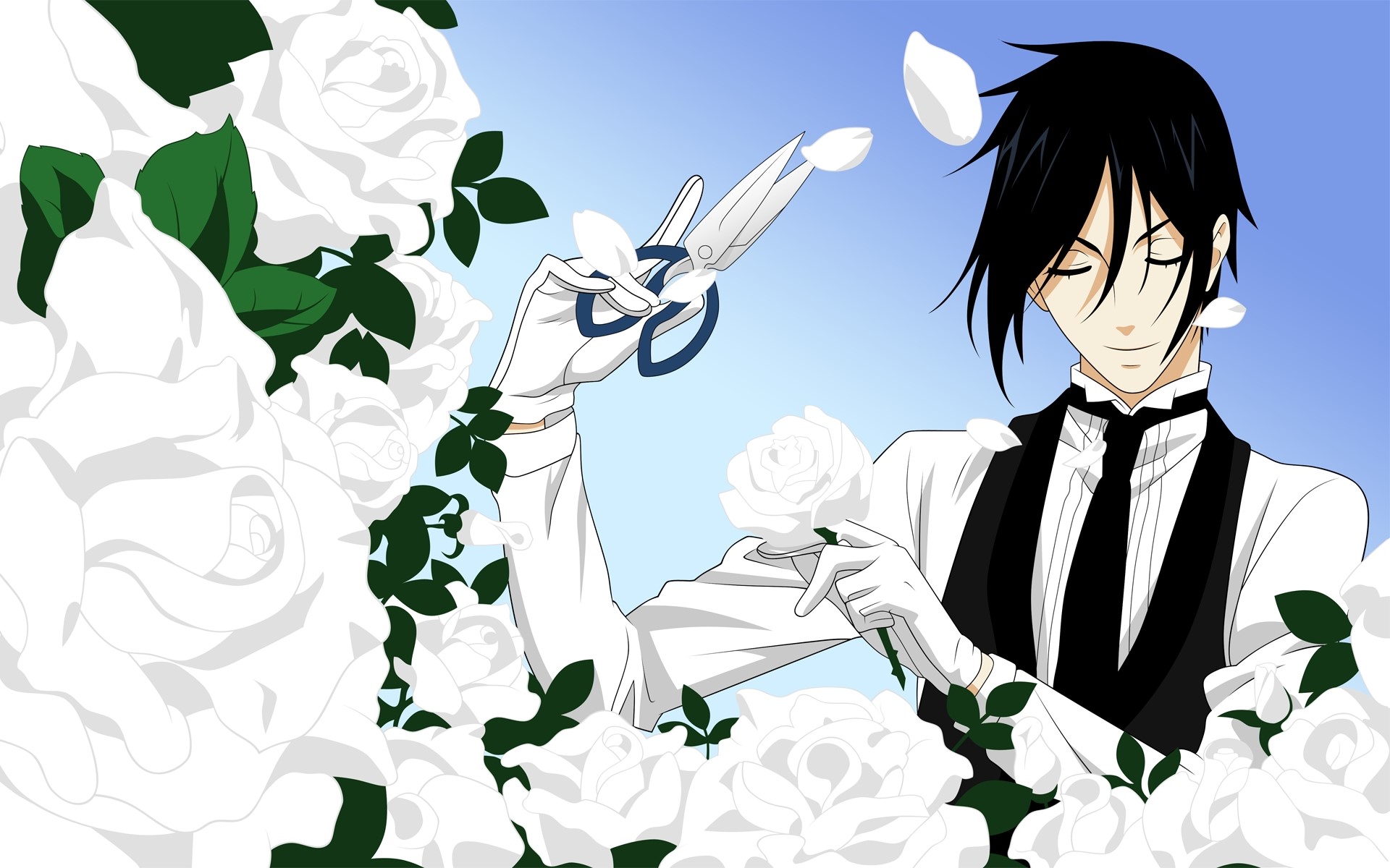 Sebastian Michaelis with white roses and scissors HD Wallpaper