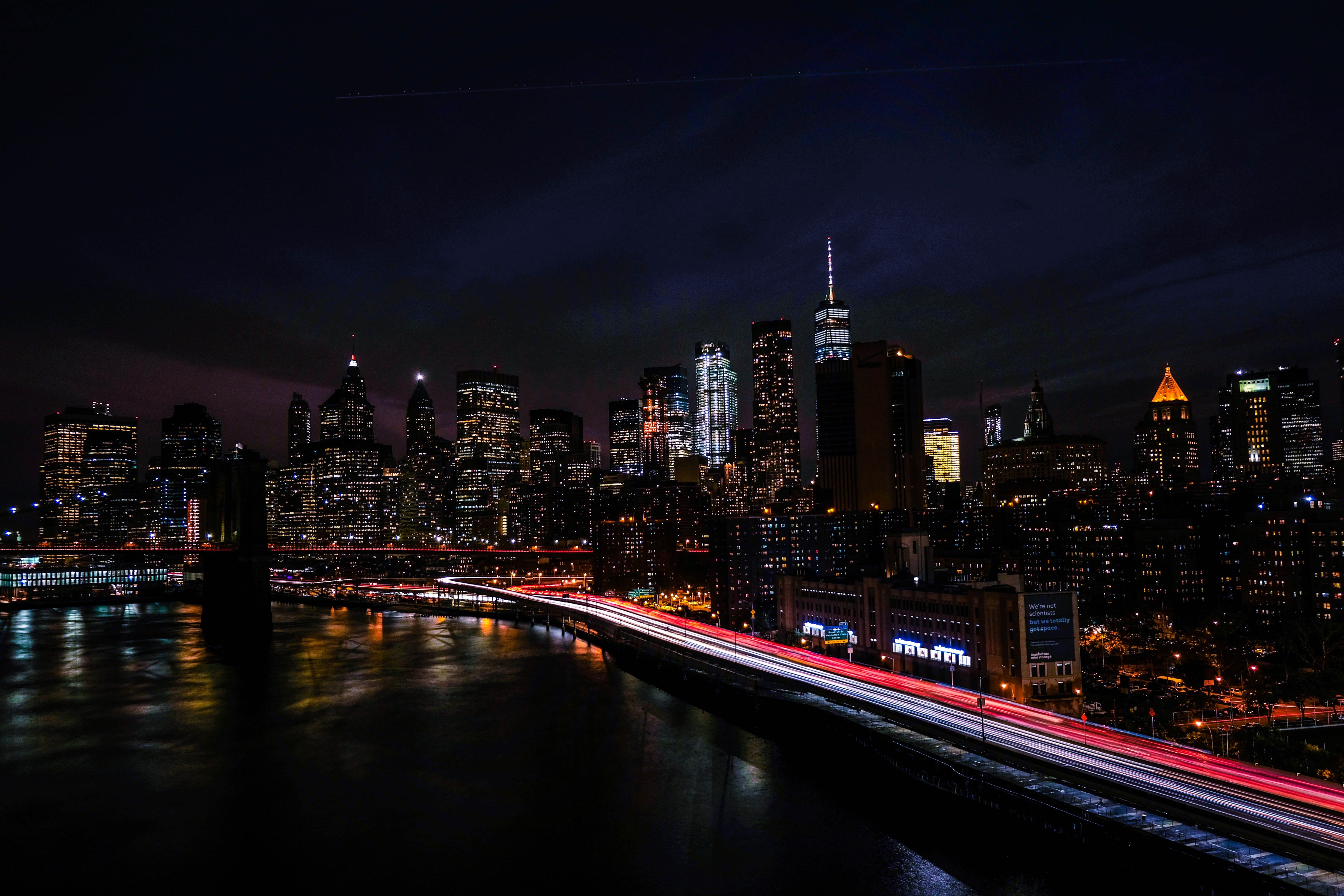 New York City Skyline at Night with Light Trails HD Wallpaper