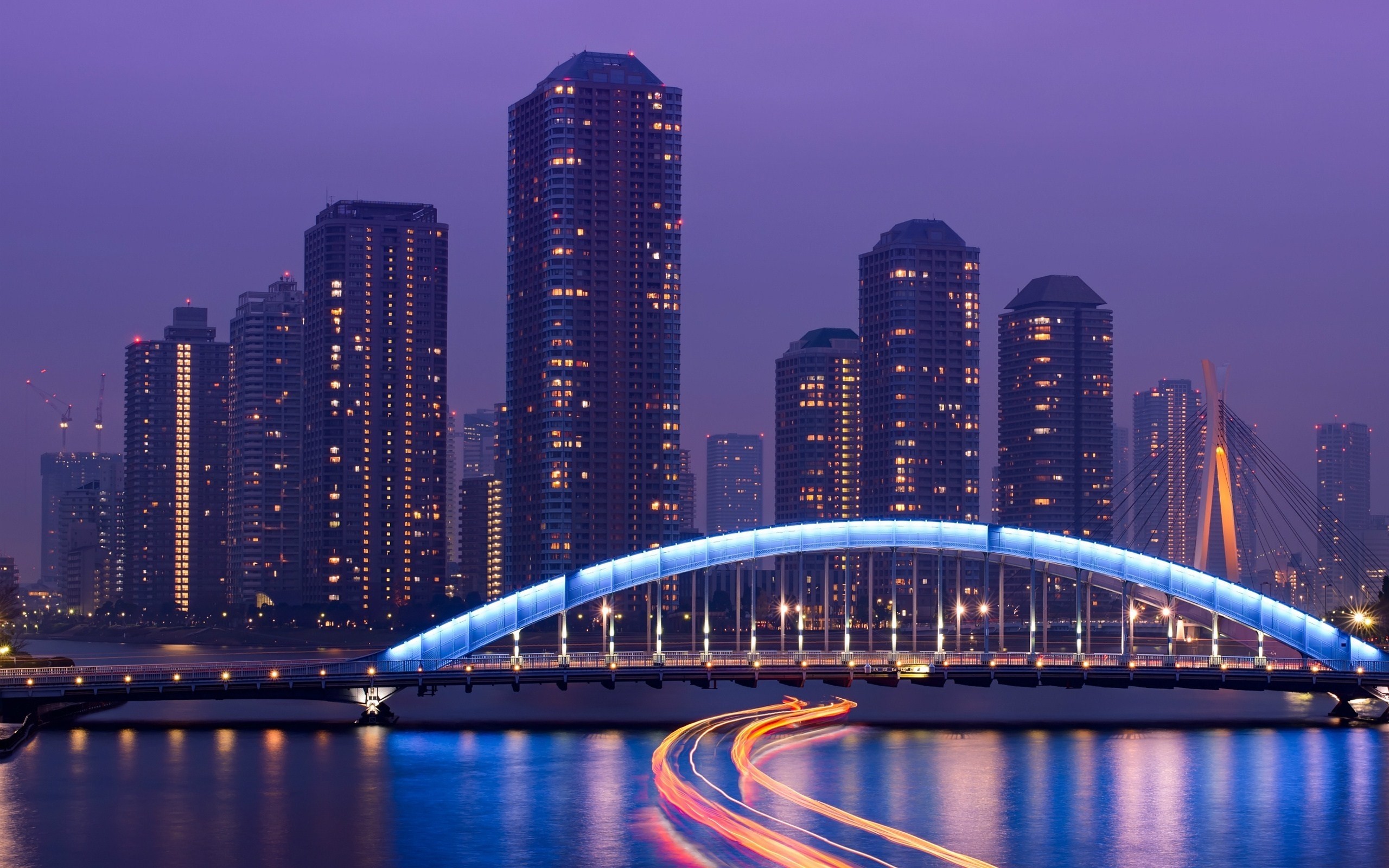 Tokyo cityscape with illuminated bridge at night HD Wallpaper