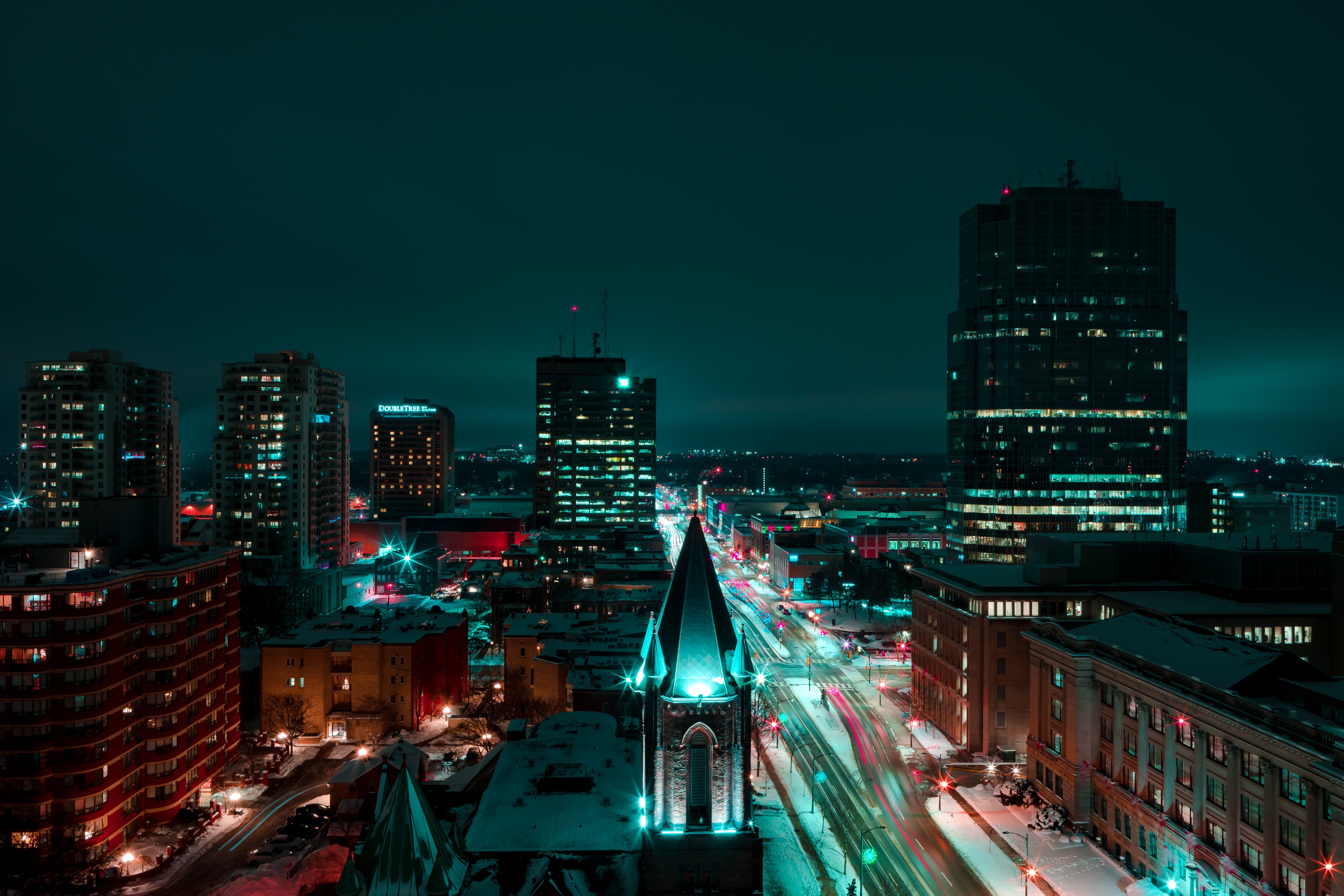 Night city skyline with snow in London, Canada HD Wallpaper