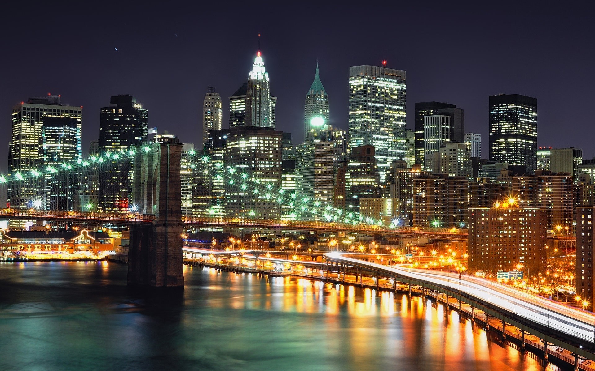 Brooklyn Bridge and Manhattan Skyline at Night HD Wallpaper