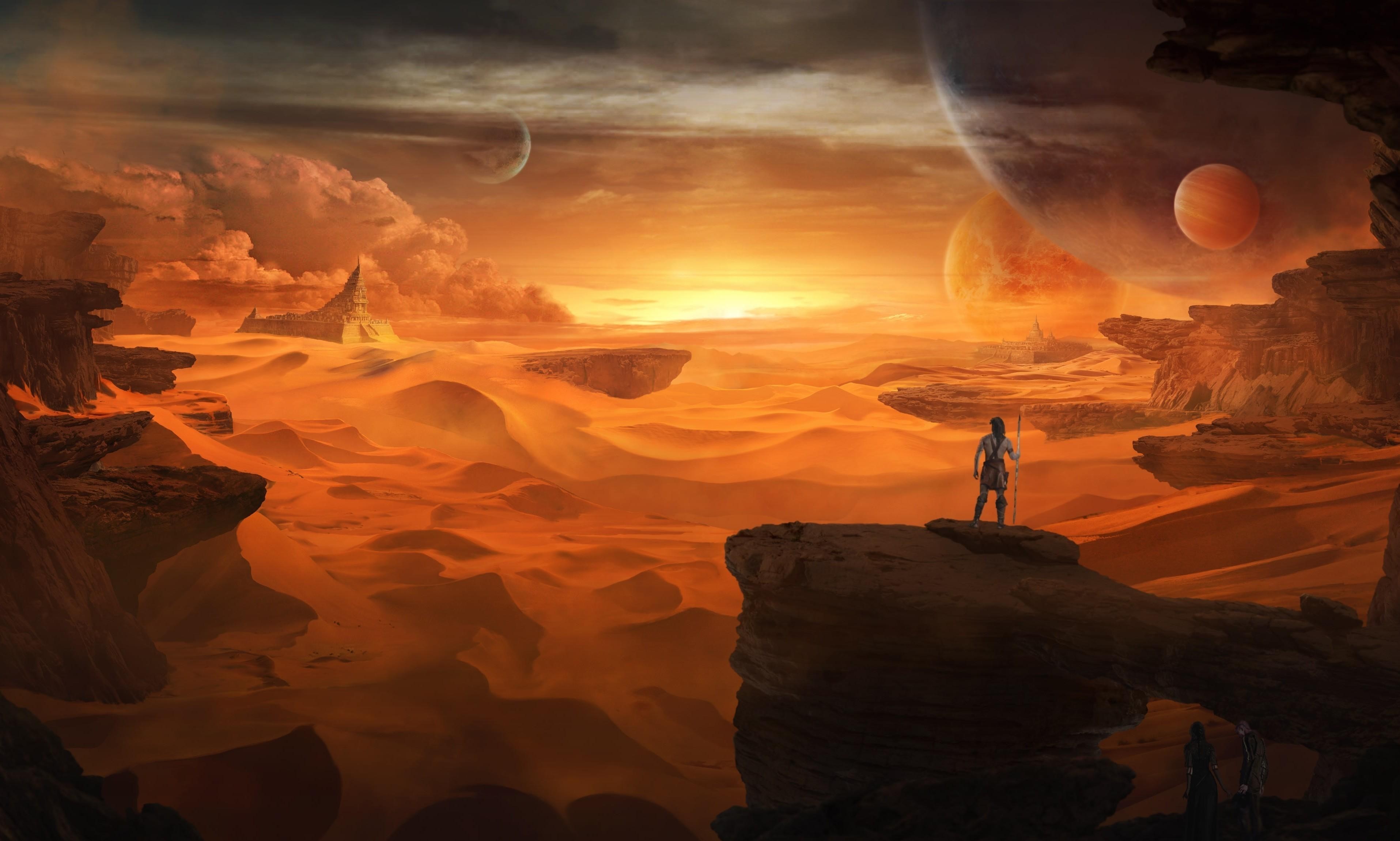 Alien desert landscape with planets and people HD Wallpaper
