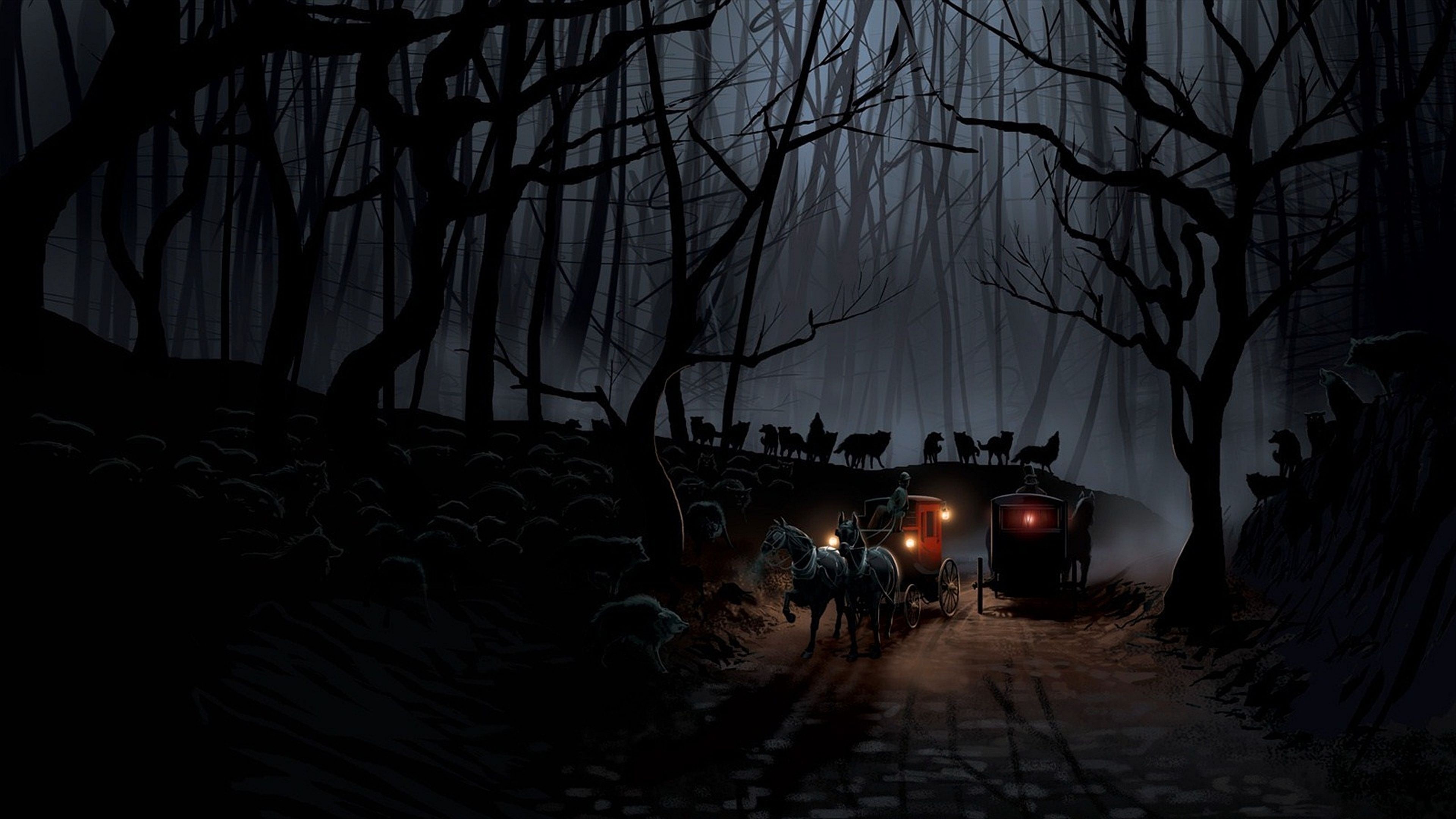 Carriage in a dark forest at night with wolves HD Wallpaper