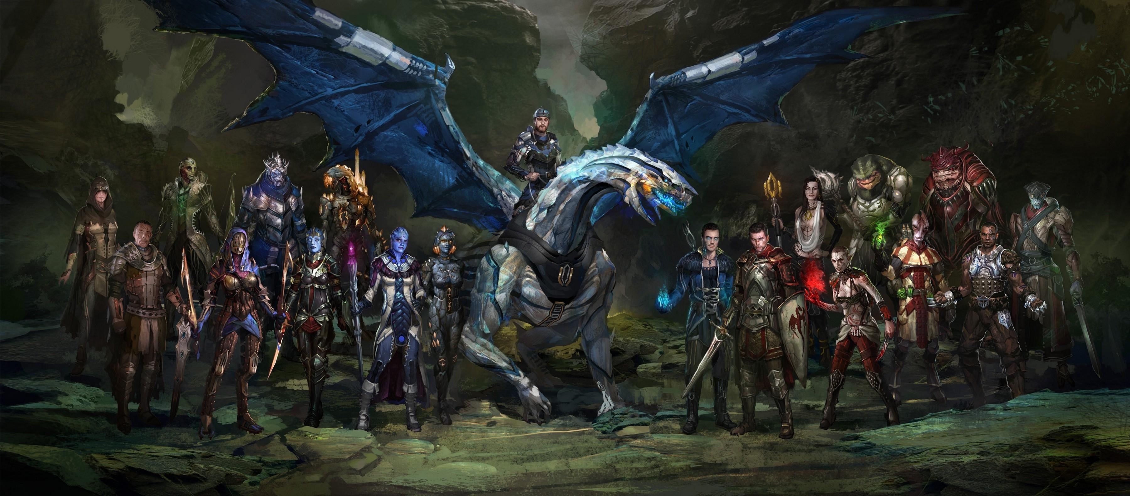 Dragon with a rider and a group of fantasy characters HD Wallpaper