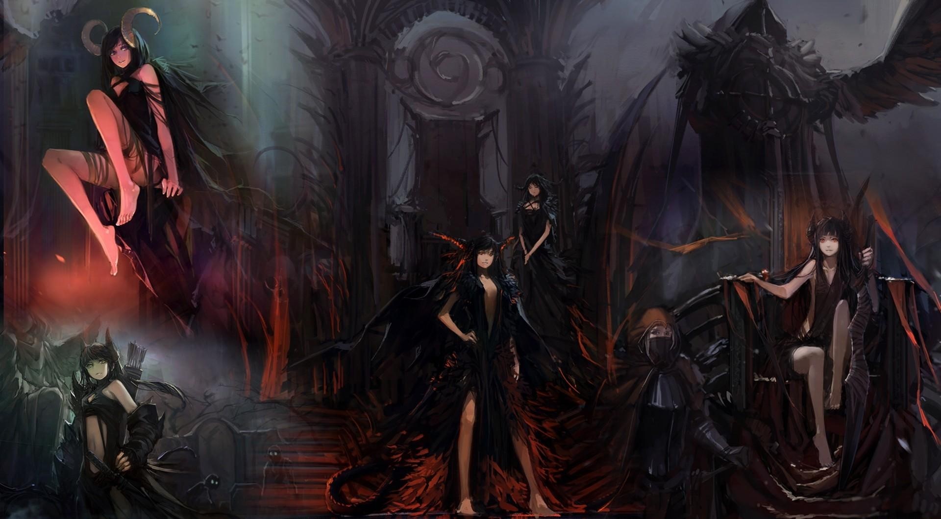 Dark fantasy scene with witches and a throne HD Wallpaper
