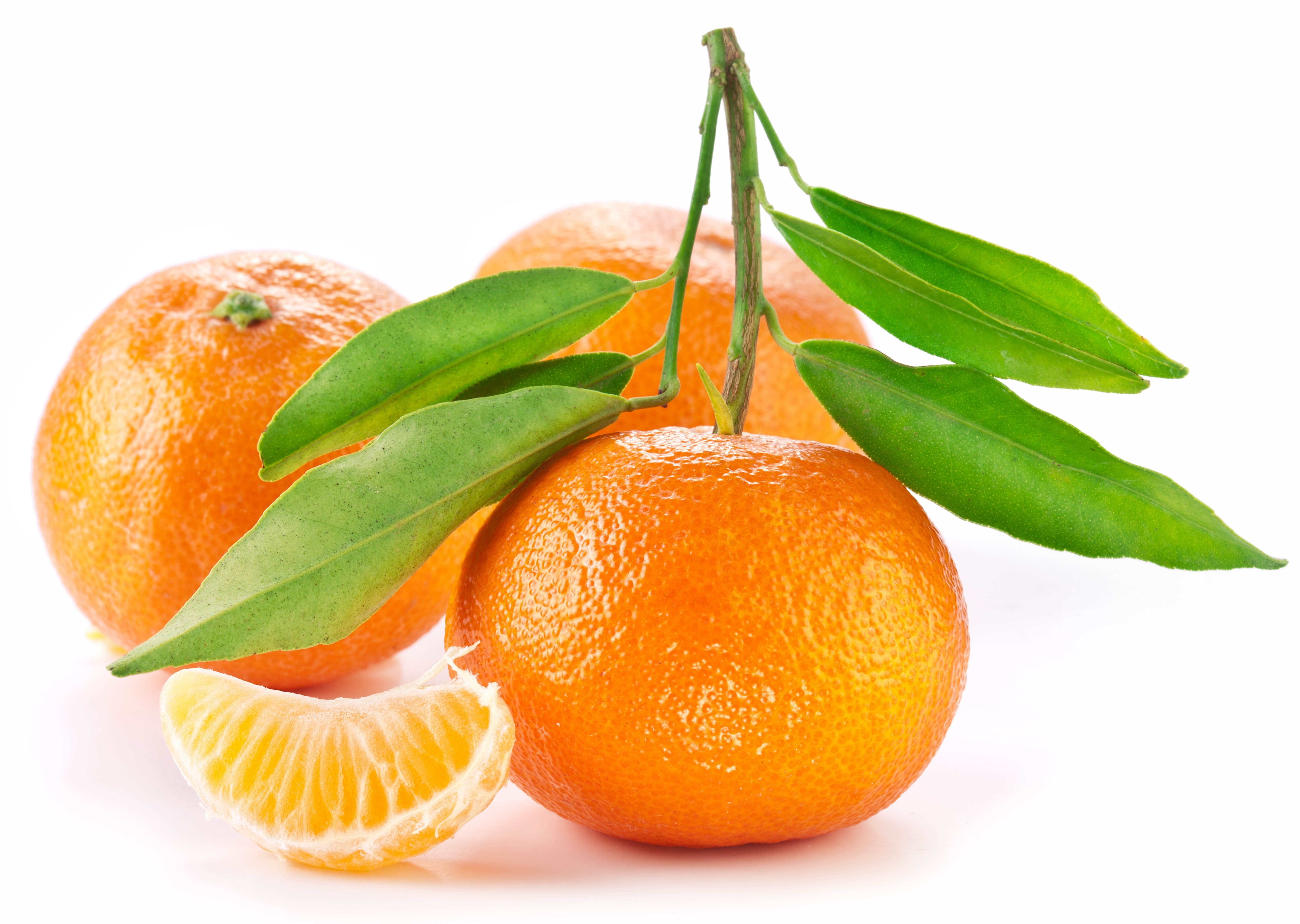 Tangerines with leaves and a slice on a white background HD Wallpaper