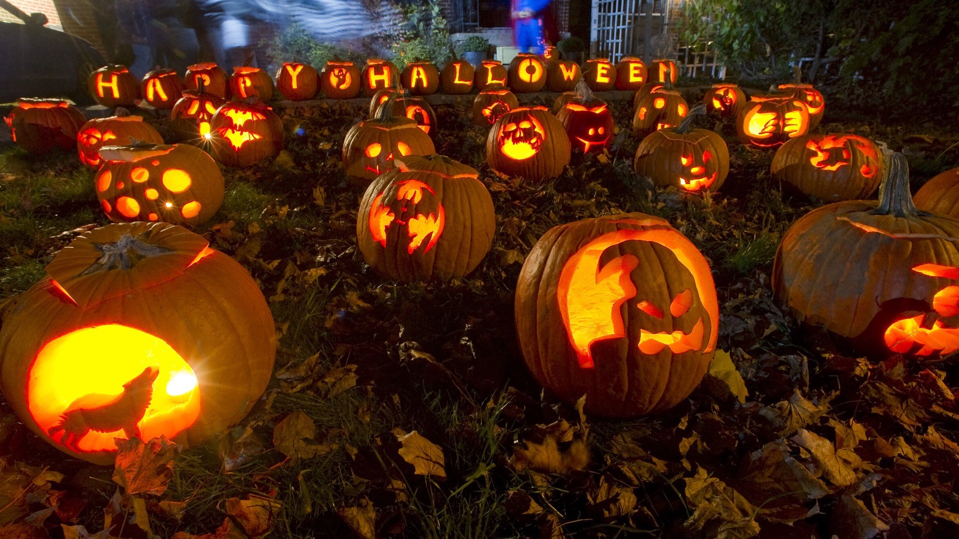 Carved Halloween pumpkins spelling "Happy Halloween" HD Wallpaper