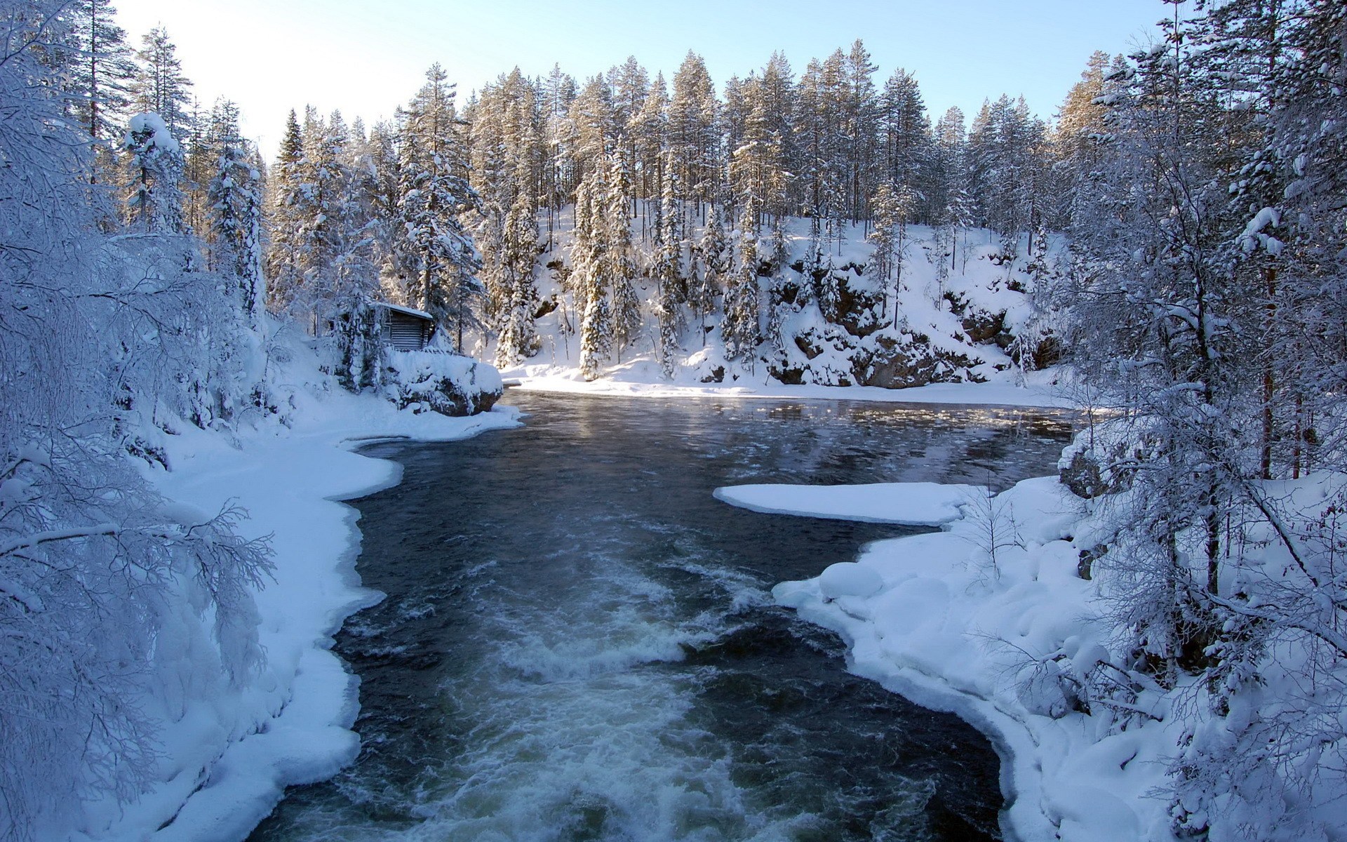 Winter river flowing through a snow-covered forest HD Wallpaper