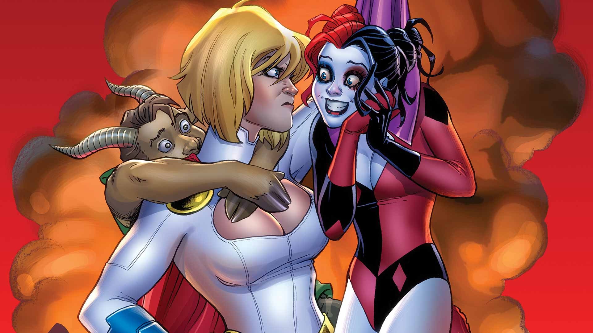 Power Girl and Harley Quinn with a Satyr HD Wallpaper