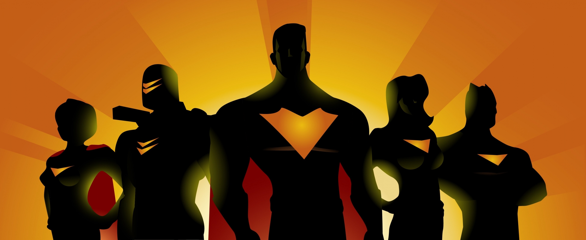 Group of superheroes standing in front of a bright orange background HD Wallpaper