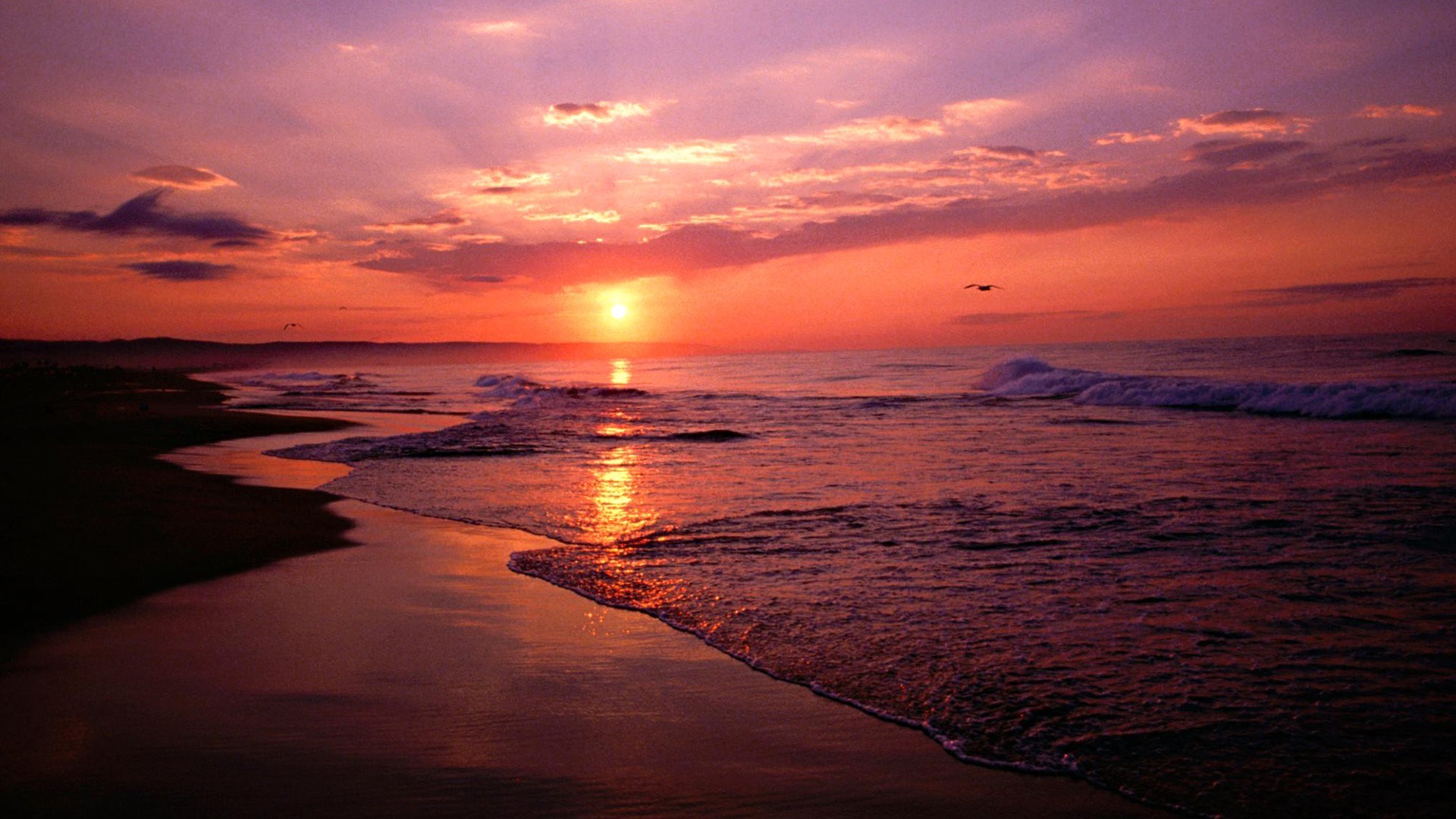 Sunset over the ocean with waves and beach HD Wallpaper